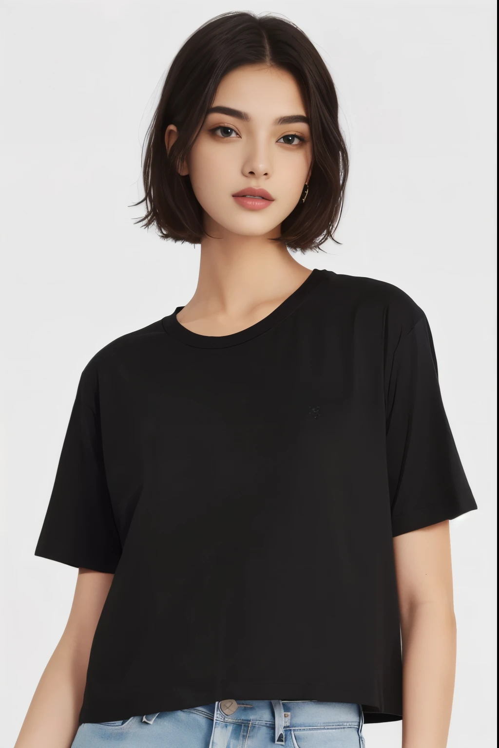 a woman wearing a preto cropped top and jeans, wearing a preto t-shirt, wearing a preto tshirt, wearing preto tshirt, Manga curta, camiseta, preto t shirt, preto top, wearing a preto shirt, preto shirt, casual preto clothing, preto t - shirt, preto t-shirt, topo de colheita, preto clothing, Short neck, overlapping, preto