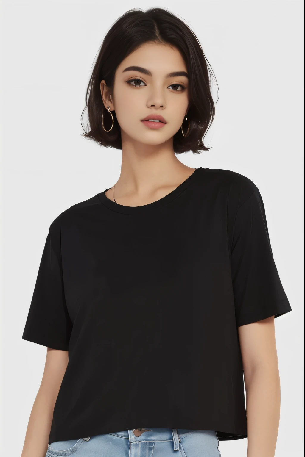 a woman wearing a preto cropped top and jeans, wearing a preto t-shirt, wearing a preto tshirt, wearing preto tshirt, Manga curta, camiseta, preto t shirt, preto top, wearing a preto shirt, preto shirt, casual preto clothing, preto t - shirt, preto t-shirt, topo de colheita, preto clothing, Short neck, overlapping, preto
