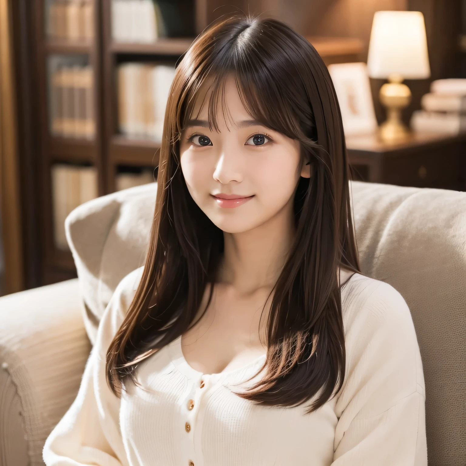 A professional Chinese female psychologist, in her mid-30s, seated, facing the camera with a composed and empathetic expression. She has a gentle, reassuring smile (warm eyes:1.2), conveying trust and understanding. Her hair is styled neatly, reflecting a sense of professionalism. She's dressed in a simple yet elegant blouse, possibly in soft colors like light blue or cream. The background is clean and minimalistic, featuring a neatly organized bookshelf filled with psychology and therapy books (bookshelf:1.1). The overall ambiance is calming and reassuring, with a focus on a bright but soft lighting, creating an inviting and safe space