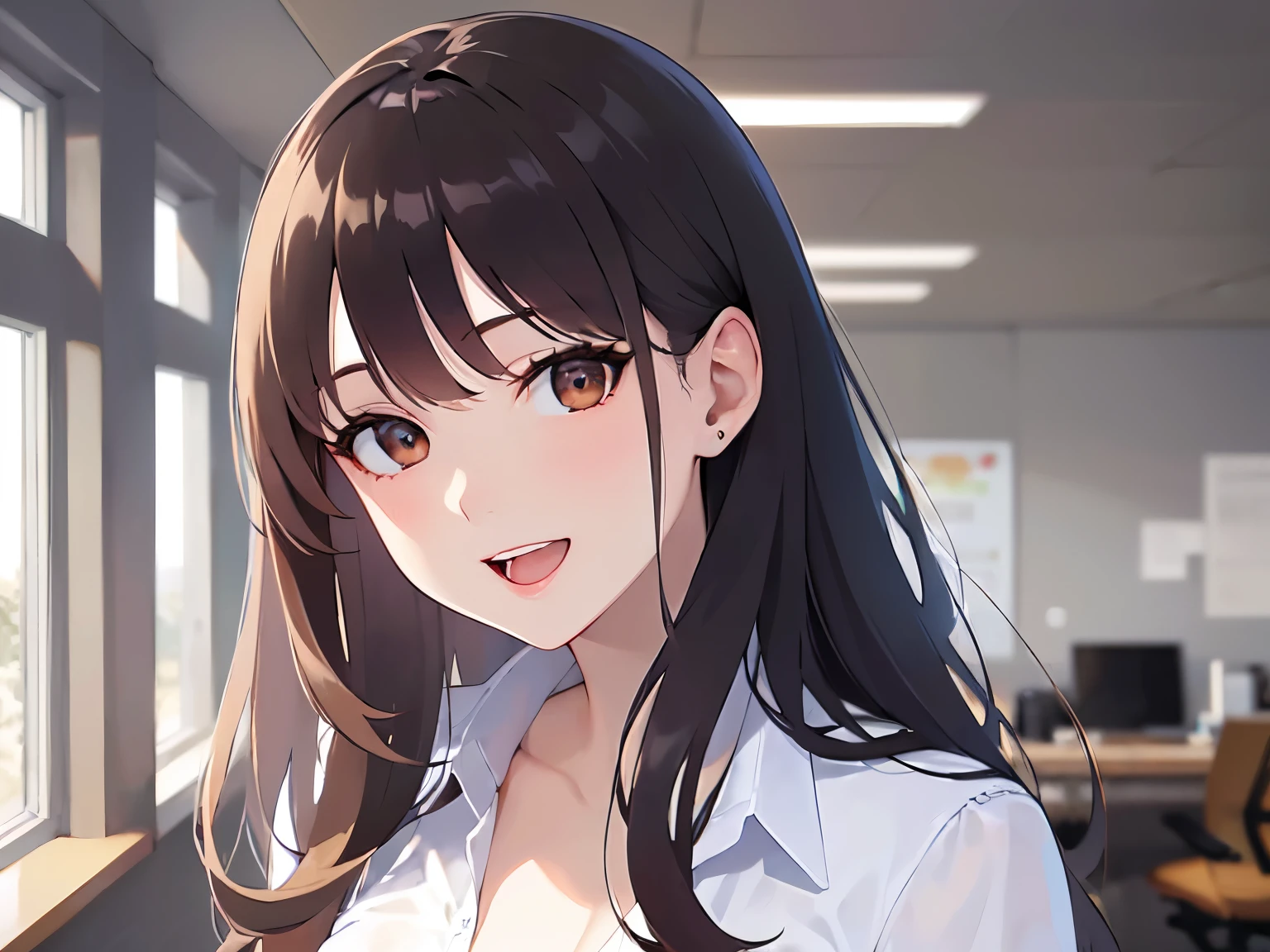 Upper Body, Realistic, real person, (pale skin: 1.2), RAW photo, photorealistic, portrait photography, shiny skin, shiny hair、(A 25-year-old woman with medium-length hair and bangs) and (wavy hair) and (brown hair) and (orange eyes) , (business suit:1.5) and (White shirt） 、smile, open mouth, The background is the office、Alone、Are standing