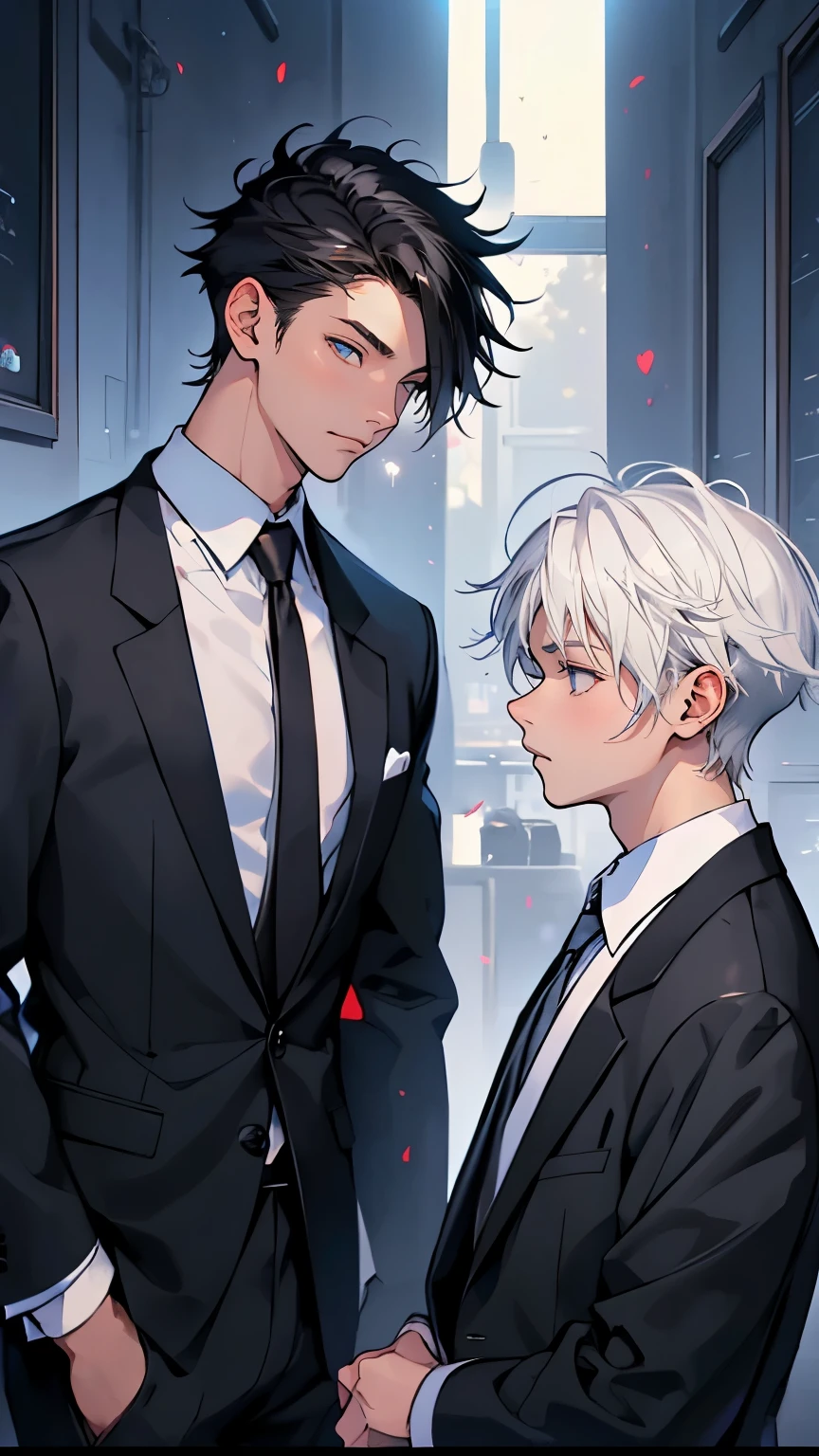 (Mastepiece), (Best Quality), Very detailed, ((Two friendly high school boys:1.5)), Perfect Face, Beautiful Face, Very detailed顔,(Black haired boy:1.3),(White haired boy:1.3),suit,shirt