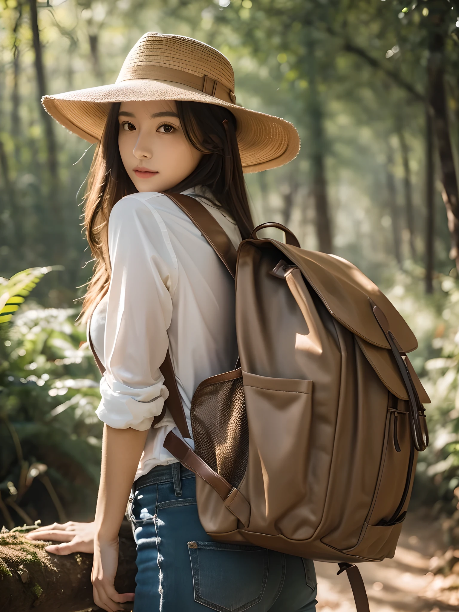 best qualtiy, masterpiece, (realistic:1.6), raw photograph, 1girl, portrait, deep shading, low tune, soft light, looking to the camera, Sexy look, long brown all back hair, safari hat, back pack,
day outdoor, forest background, deers,