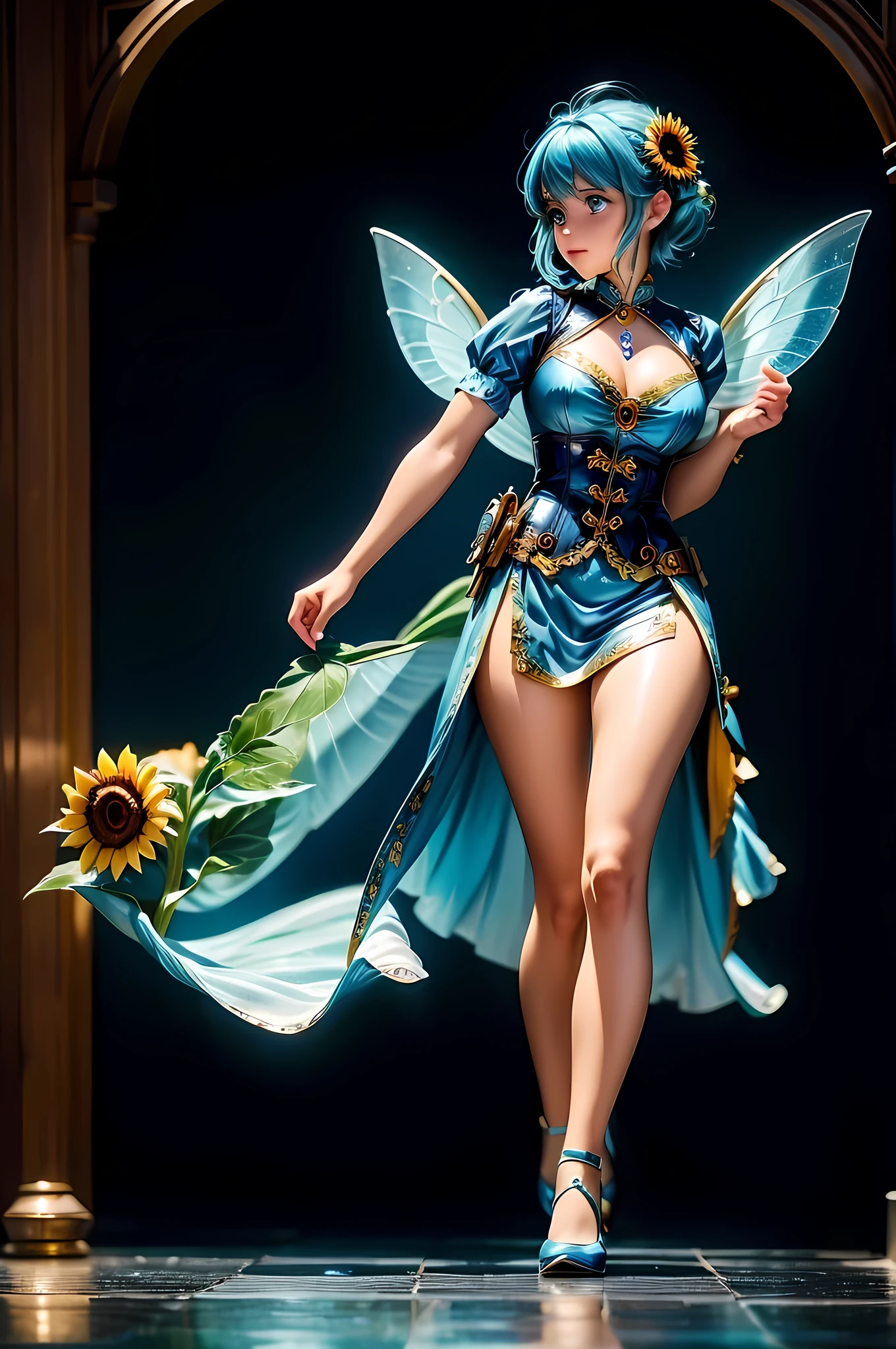 high details, best quality, 16k, RAW, [best detailed], masterpiece, best quality, (extremely detailed), GlowingRunes_paleblue, full body, ultra wide shot, photorealistic, fantasy art, RPG art, D&D art, a picture of a fairy selling flowers in a florist shop, extremely beautiful fairy, ultra feminine (intense details, Masterpiece, best quality), (Blue: 1.3) butterfly wings (intense details, Masterpiece, best quality), blue and white wings (intense details, Masterpiece, best quality),  azure hair, pixie cut hair, shinning hair, flowing hair, shy smile, innocent smile, blue eyes, wearing bright blue skirt, dynamic elegant shirt, chocker, wearing high heels, in flower shop (intense details, Masterpiece, best quality), extreme many (sunflowers: 1.3) (intense details, Masterpiece, best quality), sunflower shop in a modern era street, High Detail, Ultra High Quality, High Resolution, 16K Resolution, Ultra HD Pictures, Ultra Realistic, Clear Details, Realistic Detail, Ultra High Definition, Big Fairy Wings