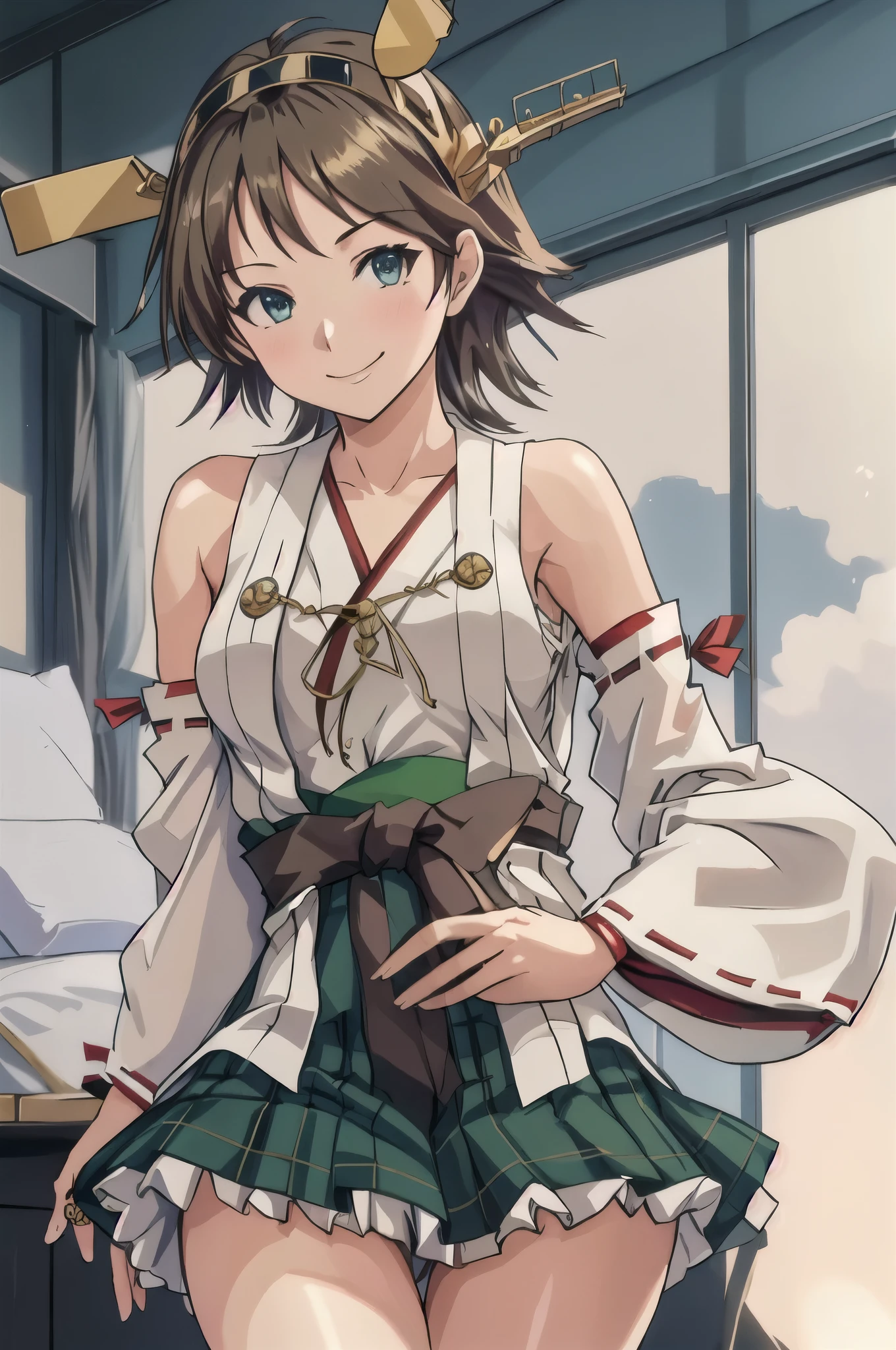 highest quality, masterpiece, High resolution, alone, {Hiei_Kantai Collection:1.15}, オレンジ色hair, hairband, headgear, Non-traditional_Miko, smile, green_eye, Inverted up_hair, smile, One Girl, Dependent_sleeve, green_skirt, Plaid, Plaid_skirt, ribbon-trimmed_sleeve, ribbon_trim, skirt, Office Background, 