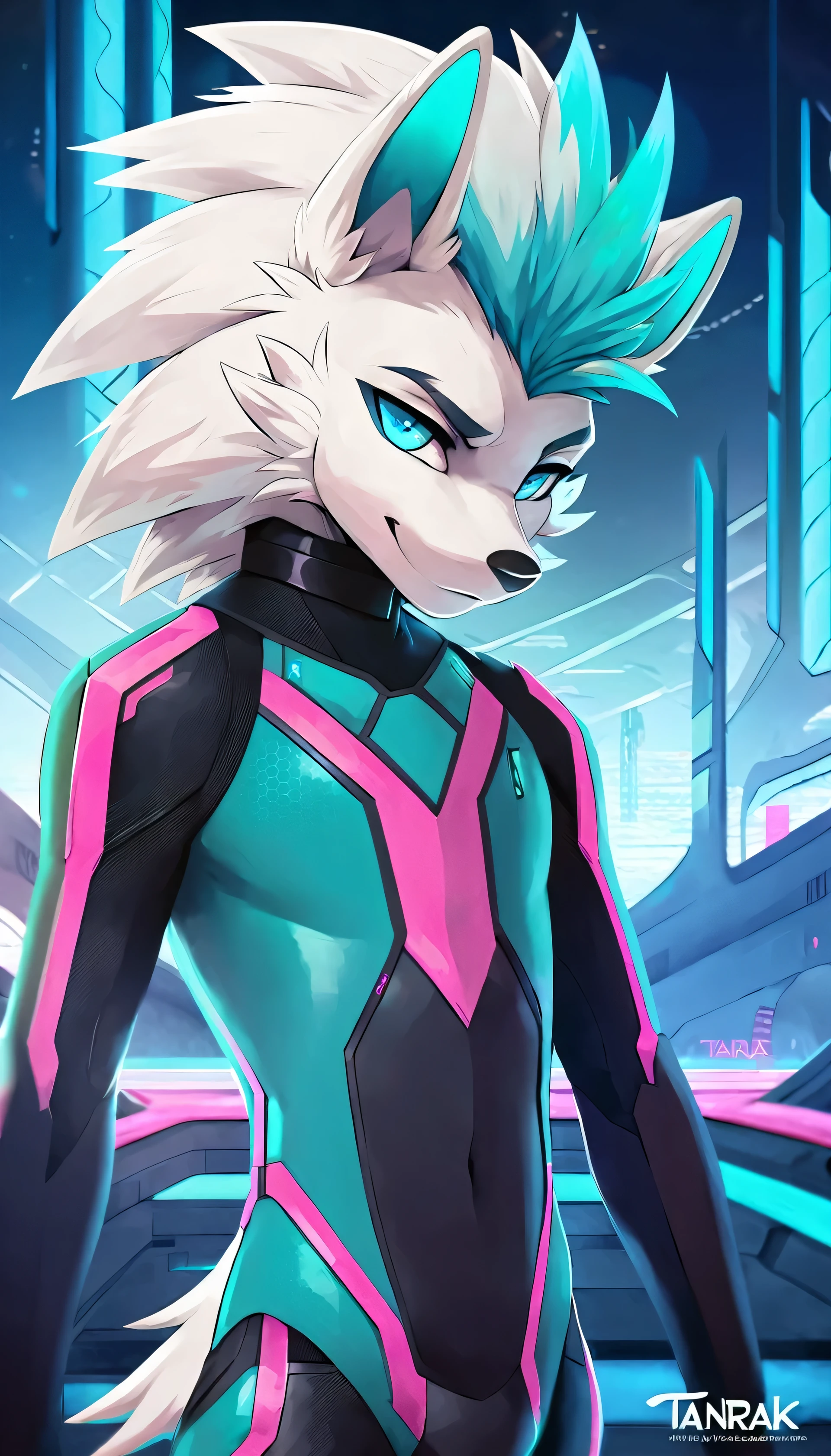 full body image, (((by tanraak))), A solo male twink anthro ((hedgehog)), with (((white fur))), tuft of cobalt hair, glowing blue eyes, tan muzzle, wearing a sci-fi bodysuit stands in a futuristic landscape. The bodysuit has (((Pearlescent, turquoise coloring with black and pink subtle accents))), medium bulge, creating a futuristic look. the android robot has a seductive smirk on his face
