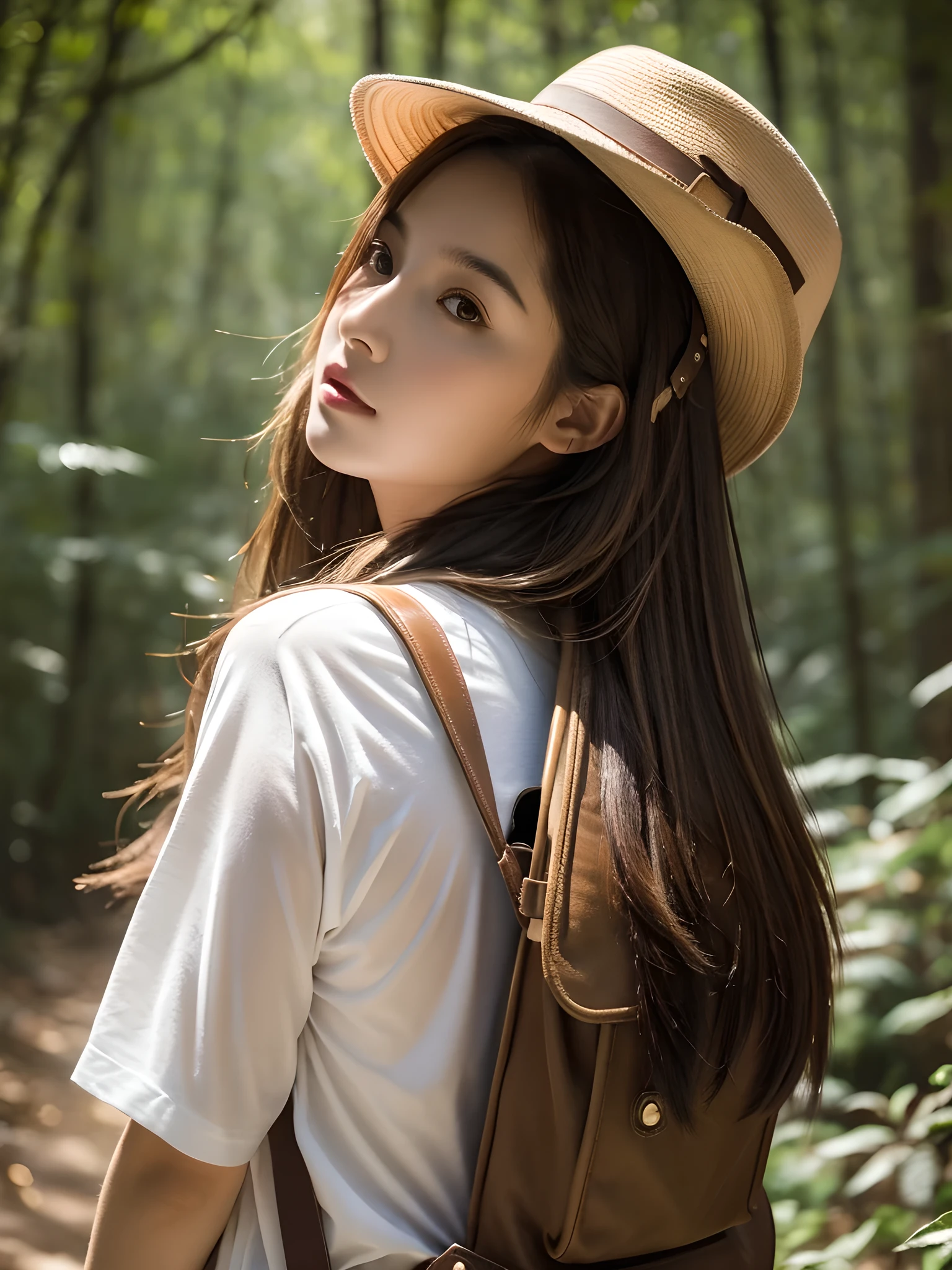 best qualtiy, masterpiece, (realistic:1.6), raw photograph, 1girl, portrait, deep shading, low tune, soft light, looking to the camera, Sexy look, long brown all back hair, safari hat, back pack, 
day outdoor, forest background, deers,

