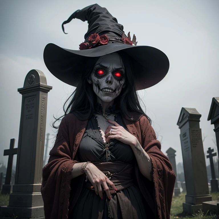 ((best quality)), ((masterpiece)), (detailed), real undead evil witch, evil, ugly, horror,ancient cemetery