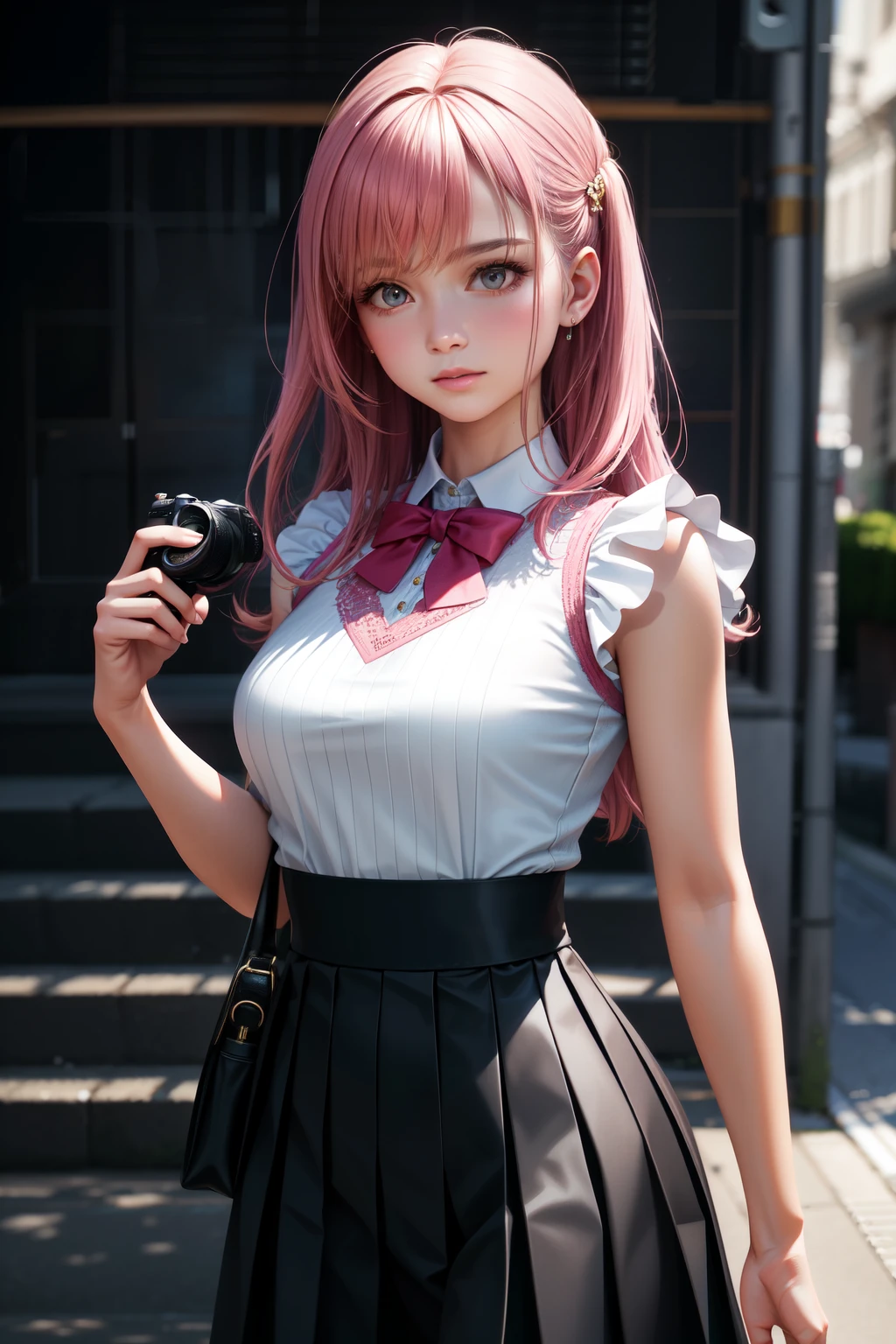 In the original photo, a woman is captured in best quality, presenting a full body image. With a realistic photo fidelity rating of 1.3, every exquisite detail stands out, transforming the image into a masterpiece. The woman is adorned in a pink, pure cotton vest, its texture and weave portrayed with superb detail. The black pleated skirt she wears, with each fold meticulously rendered, adds to the overall visual appeal.
Shot in 8k ultra high definition, the DSLR camera captures every detail with precision, delivering an image that is synonymous with film particles, where each tiny speckle contributes to the authenticity and depth.