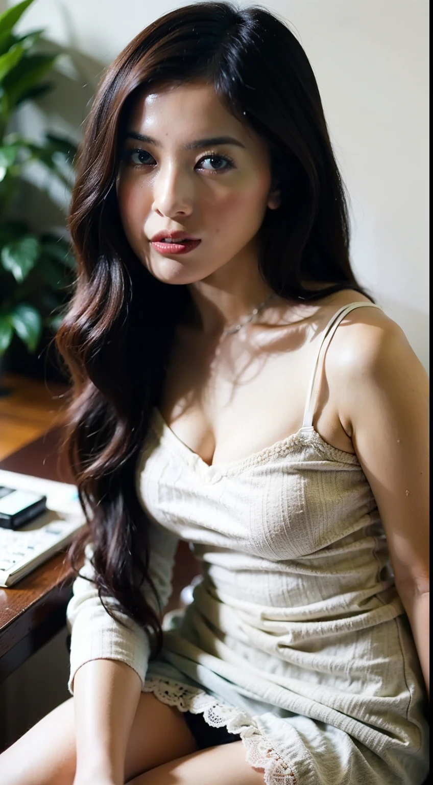 highest quality, Full Body Shot,A sophisticated face,Wise Eye,Pretty face,25-year-old female,Slim figure,Large Bust,Office Lady,Thin sheer lace fabric lingerie,White Stockings,Outdoor Scene,Sitting pose,Yellow long hair