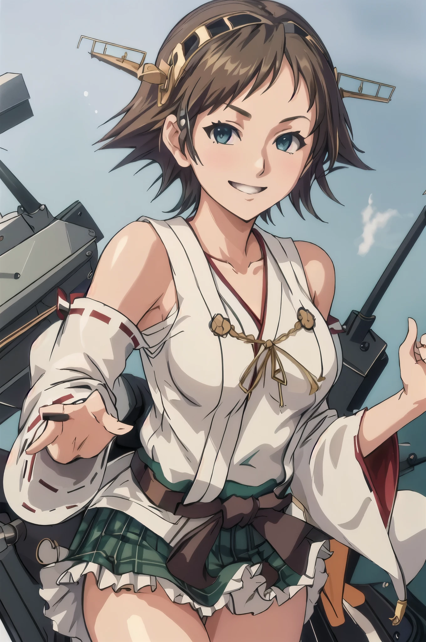 highest quality, masterpiece, High resolution, alone, {Hiei_Kantai Collection:1.15},  ((Perfect hands, Perfect Legs, Perfect Anatomy)),((オレンジ色hair)), hairband, headgear, Non-traditional_Miko, smile, green_eye, Inverted up_hair, smile, One Girl, Dependent_sleeve, green_skirt, Plaid, Plaid_skirt, ribbon-trimmed_sleeve, ribbon_trim, skirt, Office Background, 