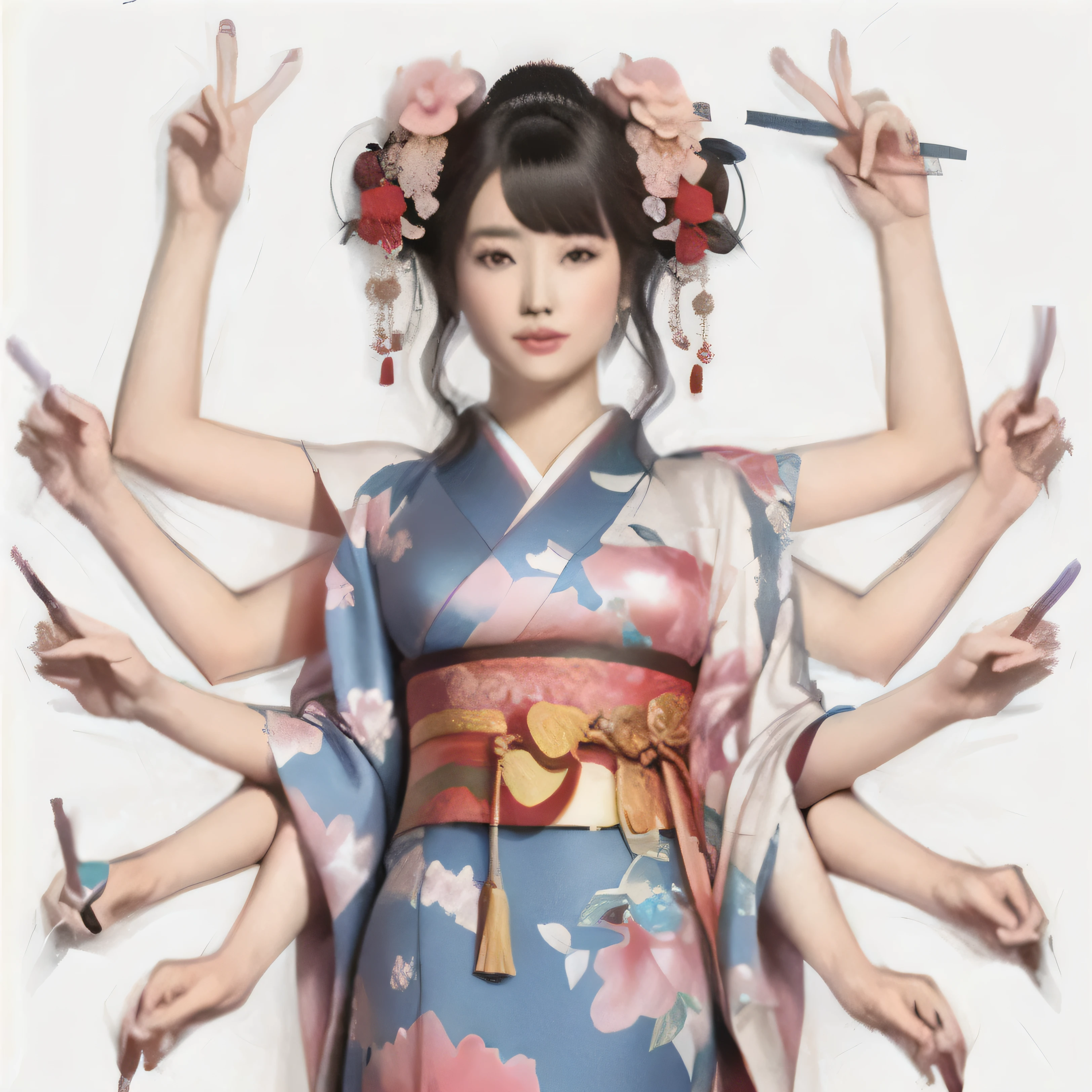a close up of a woman in a kimono dress surrounded by hands, realistic woman fullbody art, beautiful photo-realistic style, full body art,realistic style , beautiful japanese woman, japanese goddess