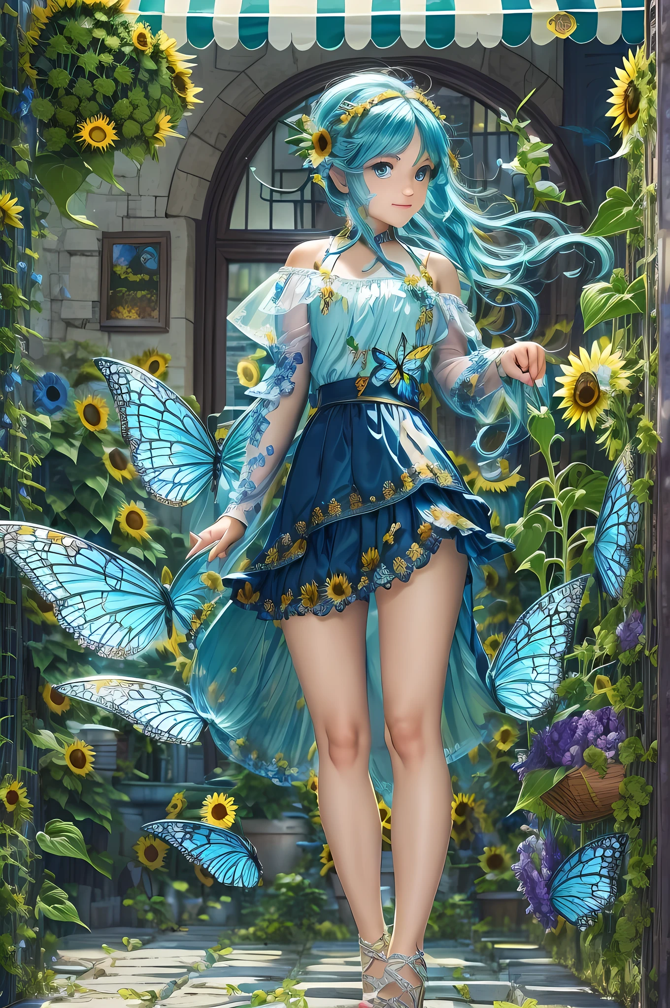 high details, best quality, 16k, RAW, [best detailed], masterpiece, best quality, (extremely detailed), GlowingRunes_paleblue, full body, ultra wide shot, photorealistic, fantasy art, RPG art, D&D art, a picture of a fairy selling flowers in a florist shop, extremely beautiful fairy, ultra feminine (intense details, Masterpiece, best quality), (Blue: 1.3) butterfly wings (intense details, Masterpiece, best quality), blue and white wings (intense details, Masterpiece, best quality),  azure hair, pixie cut hair, shinning hair, flowing hair, shy smile, innocent smile, blue eyes, wearing bright blue skirt, dynamic elegant shirt, chocker, wearing high heels, in flower shop (intense details, Masterpiece, best quality), extreme many (sunflowers: 1.3) (intense details, Masterpiece, best quality), sunflower shop in a modern era street, High Detail, Ultra High Quality, High Resolution, 16K Resolution, Ultra HD Pictures, Ultra Realistic, Clear Details, Realistic Detail, Ultra High Definition, Big Fairy Wings