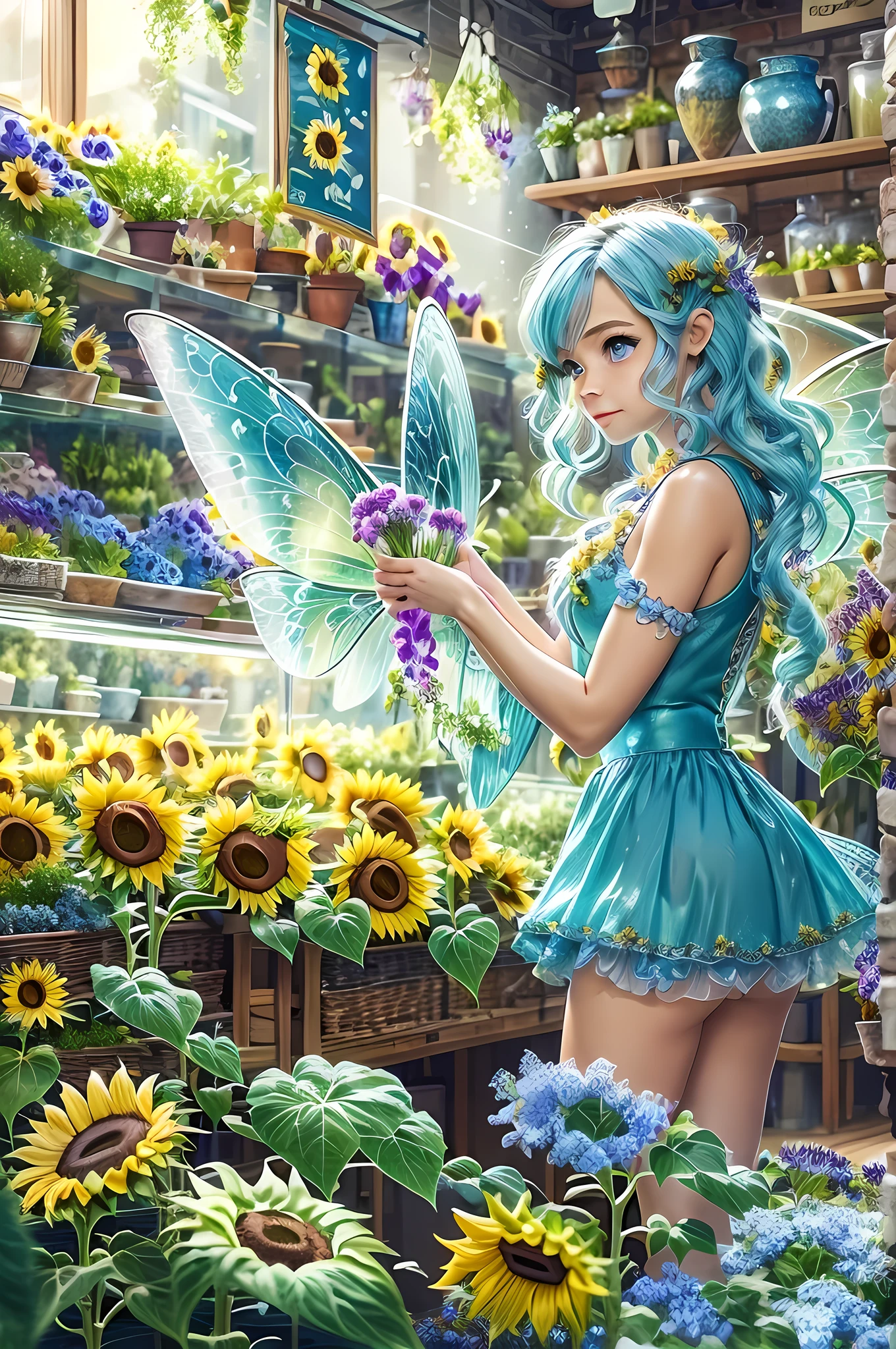 high details, best quality, 16k, RAW, [best detailed], masterpiece, best quality, (extremely detailed), GlowingRunes_paleblue, full body, ultra wide shot, photorealistic, fantasy art, RPG art, D&D art, a picture of a fairy selling flowers in a florist shop, extremely beautiful fairy, ultra feminine (intense details, Masterpiece, best quality), (Blue: 1.3) butterfly wings (intense details, Masterpiece, best quality), blue and white wings (intense details, Masterpiece, best quality),  azure hair, pixie cut hair, shinning hair, flowing hair, shy smile, innocent smile, blue eyes, wearing bright blue skirt, dynamic elegant shirt, chocker, wearing high heels, in flower shop (intense details, Masterpiece, best quality), extreme many (sunflowers: 1.3) (intense details, Masterpiece, best quality), sunflower shop in a modern era street, High Detail, Ultra High Quality, High Resolution, 16K Resolution, Ultra HD Pictures, Ultra Realistic, Clear Details, Realistic Detail, Ultra High Definition, Big Fairy Wings