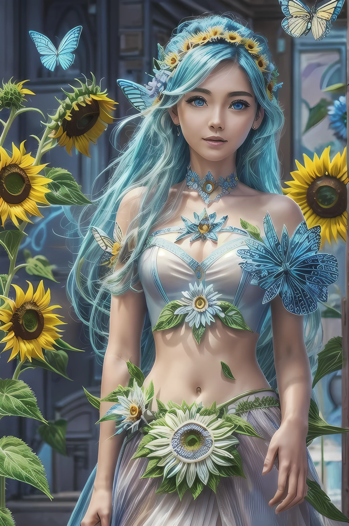 high details, best quality, 16k, RAW, [best detailed], masterpiece, best quality, (extremely detailed), GlowingRunes_paleblue, full body, ultra wide shot, photorealistic, fantasy art, RPG art, D&D art, a picture of a fairy selling flowers in a florist shop, extremely beautiful fairy, ultra feminine (intense details, Masterpiece, best quality), (Blue: 1.3) butterfly wings (intense details, Masterpiece, best quality), blue and white wings (intense details, Masterpiece, best quality),  azure hair, pixie cut hair, shinning hair, flowing hair, shy smile, innocent smile, blue eyes, wearing bright blue skirt, dynamic elegant shirt, chocker, wearing high heels, in flower shop (intense details, Masterpiece, best quality), extreme many (sunflowers: 1.3) (intense details, Masterpiece, best quality), sunflower shop in a modern era street, High Detail, Ultra High Quality, High Resolution, 16K Resolution, Ultra HD Pictures, Ultra Realistic, Clear Details, Realistic Detail, Ultra High Definition, Big Fairy Wings