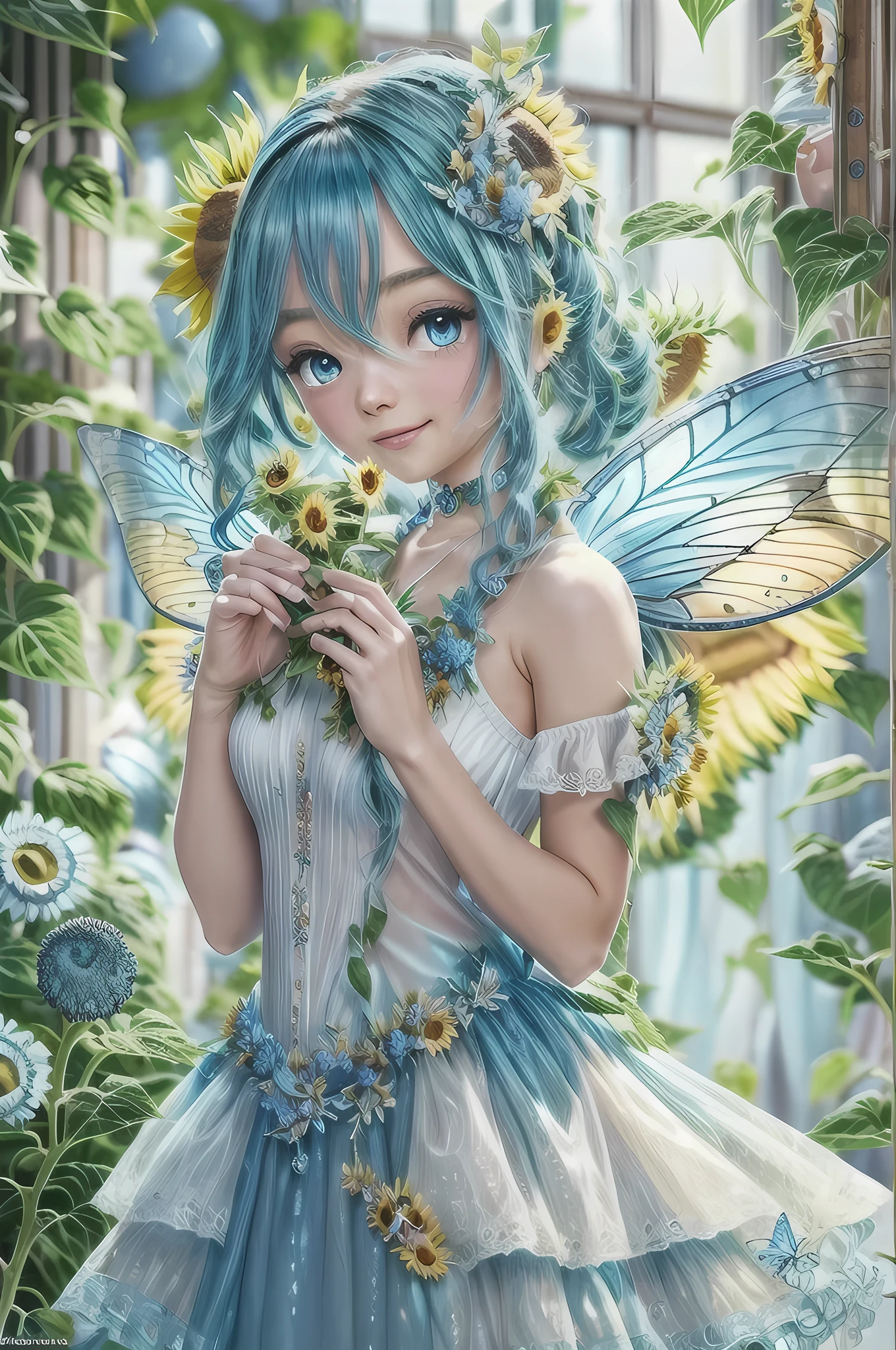 high details, best quality, 16k, RAW, [best detailed], masterpiece, best quality, (extremely detailed), GlowingRunes_paleblue, full body, ultra wide shot, photorealistic, fantasy art, RPG art, D&D art, a picture of a fairy selling flowers in a florist shop, extremely beautiful fairy, ultra feminine (intense details, Masterpiece, best quality), (Blue: 1.3) butterfly wings (intense details, Masterpiece, best quality), blue and white wings (intense details, Masterpiece, best quality),  azure hair, pixie cut hair, shinning hair, flowing hair, shy smile, innocent smile, blue eyes, wearing bright blue skirt, dynamic elegant shirt, chocker, wearing high heels, in flower shop (intense details, Masterpiece, best quality), extreme many (sunflowers: 1.3) (intense details, Masterpiece, best quality), sunflower shop in a modern era street, High Detail, Ultra High Quality, High Resolution, 16K Resolution, Ultra HD Pictures, Ultra Realistic, Clear Details, Realistic Detail, Ultra High Definition, Big Fairy Wings