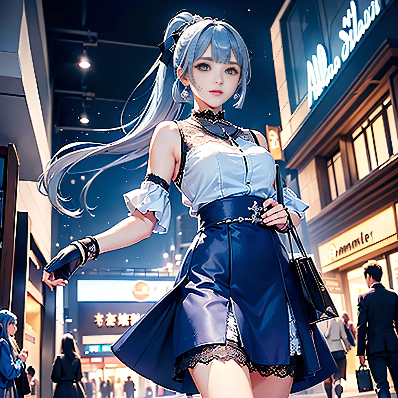 ((Kamisato Ayaka in Genshin Impact)),
(low angle,from below),((masterpiece, highest resolution,best quality)), (beautiful illustration), ((semi long beautiful silver blue hair,blunt bangs,pony tail,beautiful blue eyes)),(solo),(beautiful elegant office blouse and black skirt),(looking at the viewer), (walking around the shopping mall),
innocent smile,(white over-kneehighs,Lace chalker, wristband, fingerless gloves, over-kneehighs,
Lace chalker, diamond necklace,wristband, fingerless gloves, earrings), (cinematic lighting and pause),shopping mall,big city,busy street,day,blue sky,flowers and trees,crowded,