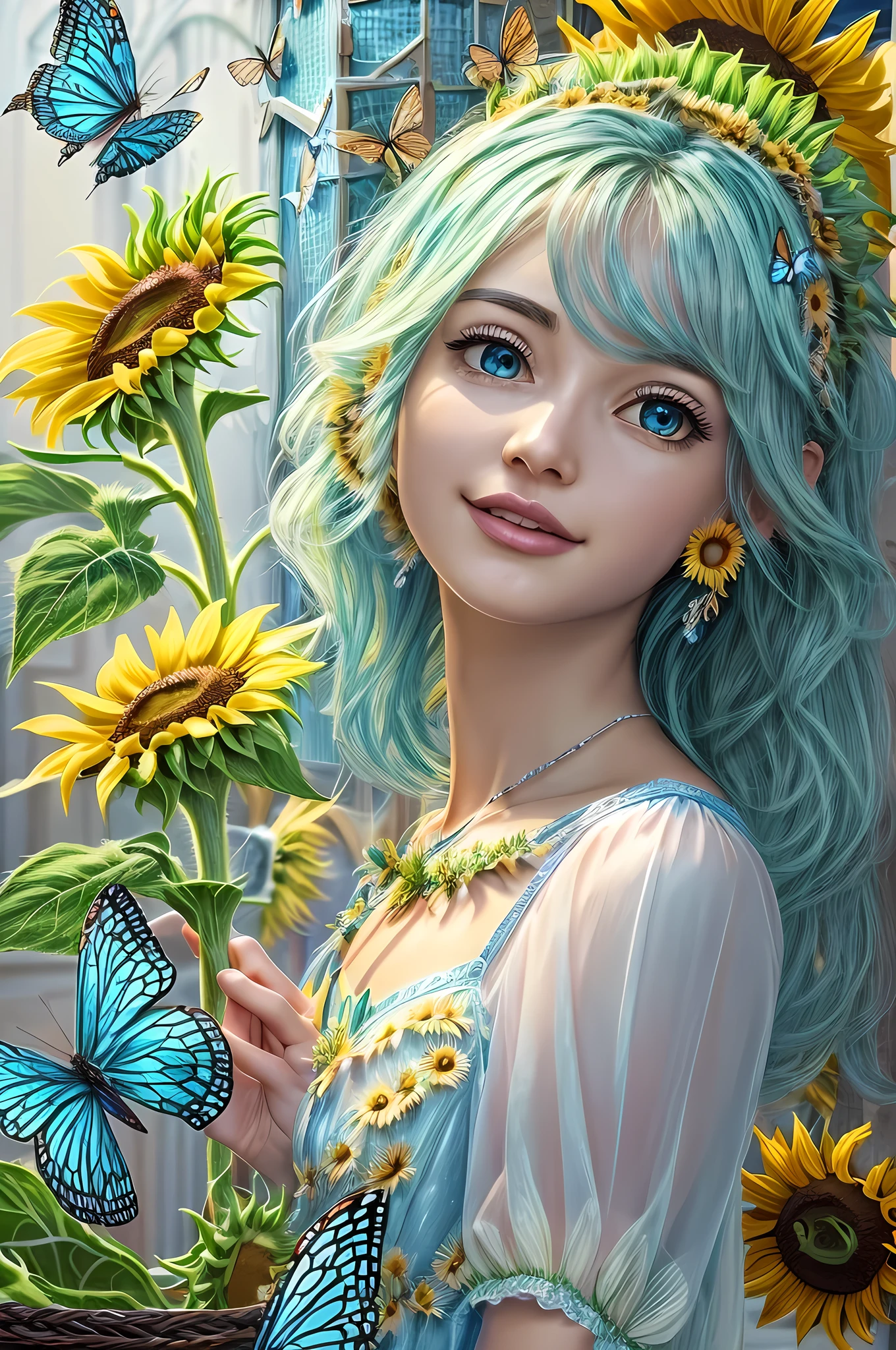 high details, best quality, 16k, RAW, [best detailed], masterpiece, best quality, (extremely detailed), GlowingRunes_paleblue, full body, ultra wide shot, photorealistic, fantasy art, RPG art, D&D art, a picture of a fairy selling flowers in a florist shop, extremely beautiful fairy, ultra feminine (intense details, Masterpiece, best quality), (Blue: 1.3) butterfly wings (intense details, Masterpiece, best quality), blue and white wings (intense details, Masterpiece, best quality),  azure hair, pixie cut hair, shinning hair, flowing hair, shy smile, innocent smile, blue eyes, wearing bright blue skirt, dynamic elegant shirt, chocker, wearing high heels, in flower shop (intense details, Masterpiece, best quality), extreme many (sunflowers: 1.3) (intense details, Masterpiece, best quality), sunflower shop in a modern era street, High Detail, Ultra High Quality, High Resolution, 16K Resolution, Ultra HD Pictures, Ultra Realistic, Clear Details, Realistic Detail, Ultra High Definition, Big Fairy Wings