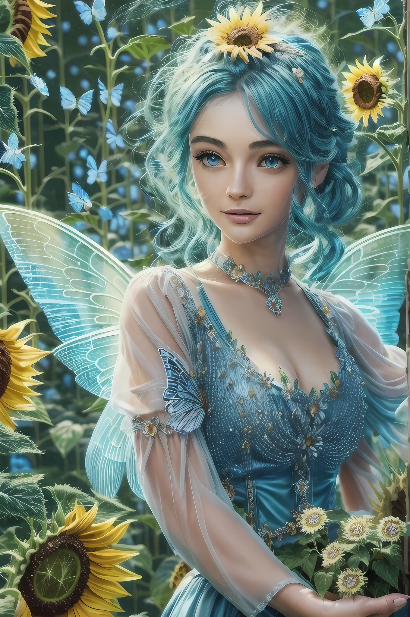 high details, best quality, 16k, RAW, [best detailed], masterpiece, best quality, (extremely detailed), GlowingRunes_paleblue, full body, ultra wide shot, photorealistic, fantasy art, RPG art, D&D art, a picture of a fairy selling flowers in a florist shop, extremely beautiful fairy, ultra feminine (intense details, Masterpiece, best quality), (Blue: 1.3) butterfly wings (intense details, Masterpiece, best quality), blue and white wings (intense details, Masterpiece, best quality),  azure hair, pixie cut hair, shinning hair, flowing hair, shy smile, innocent smile, blue eyes, wearing bright blue skirt, dynamic elegant shirt, chocker, wearing high heels, in flower shop (intense details, Masterpiece, best quality), extreme many (sunflowers: 1.3) (intense details, Masterpiece, best quality), sunflower shop in a modern era street, High Detail, Ultra High Quality, High Resolution, 16K Resolution, Ultra HD Pictures, Ultra Realistic, Clear Details, Realistic Detail, Ultra High Definition, Big Fairy Wings