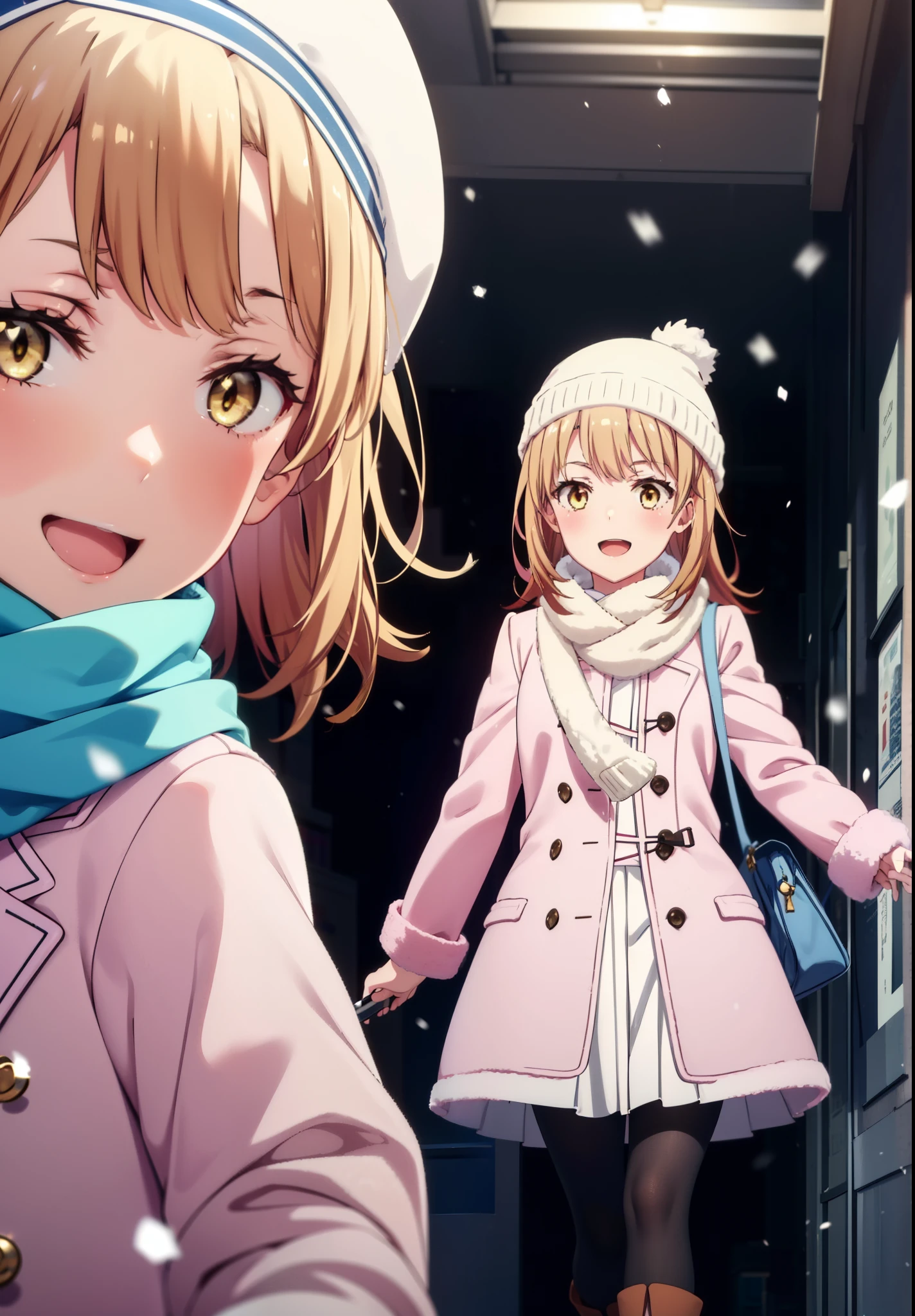 irohaisshiki, Iroha Isshiki, One Girl,Long Hair, Brown Hair, (Brown eyes:1.5), happy smile, smile, Open your mouth,smile,blush,Pink coat coat,White scarf,White sweater,White handbags,Knitted hat、Long skirt,Black pantyhose,short boots,Snow is falling,It's snowing,winter,Cold Sky,moonlight,full moon,night break looking at viewer, whole body, Upper Body,(Cowboy Shot:1. 5) break outdoors, Residential Street, break (masterpiece:1.2), highest quality, High resolution, unity 8k wallpaper, (shape:0.8), (Fine and beautiful eyes:1.6), Highly detailed face, Perfect lighting, Highly detailed CG, (Perfect hands, Perfect Anatomy),