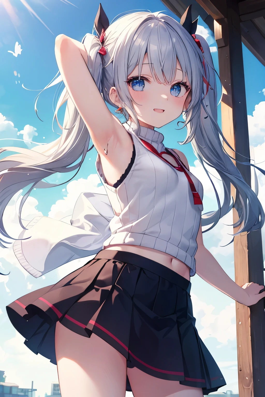 Silver-haired blue eyes、 girl、Twin tails、Laughter、Nico Nico Smile、Wink、 girl、Looks about 、Petan Musume、short、There are highlights in the eyes、Gal-like appearance、Wearing piercings、Knit sweater, sleeveless, body line, underarm、mini skirt、The wind is blowing and my panties are showing through my skirt、It was so hot that I sweated、blue sky、Light and cute、Show your armpits、Side view