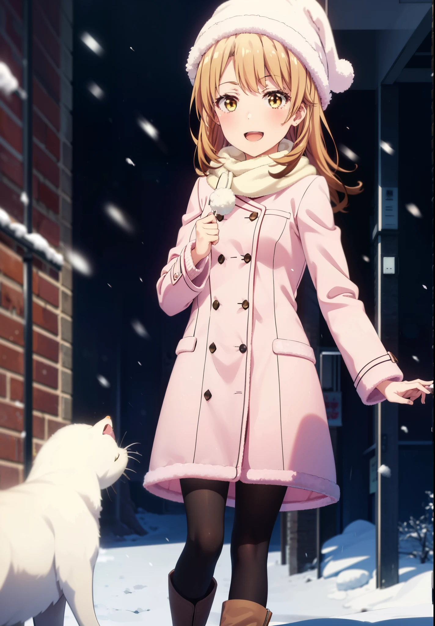 irohaisshiki, Iroha Isshiki, One Girl,Long Hair, Brown Hair, (Brown eyes:1.5), happy smile, smile, Open your mouth,smile,blush,Pink coat coat,White scarf,White sweater,White handbags,Knitted hat、Long skirt,Black pantyhose,short boots,Snow is falling,It&#39;s snowing,winter,Cold Sky,moonlight,full moon,night　　　　　　　　　　　　　　 break looking at viewer, whole body, Upper Body,(Cowboy Shot:1. 5)　　　　　　　　　　　　　　　　　break outdoors, Residential Street, 　　　　　　　　　　　　break (masterpiece:1.2), highest quality, High resolution, unity 8k wallpaper, (shape:0.8), (Fine and beautiful eyes:1.6), Highly detailed face, Perfect lighting, Highly detailed CG, (Perfect hands, Perfect Anatomy),
