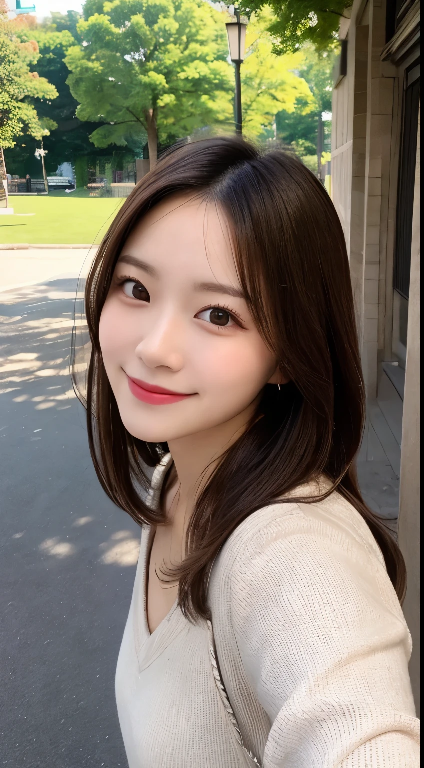 Top quality, 1 beautiful Japanese woman, long brown hair, casual clothes, smiling, selfie, natural light, at park