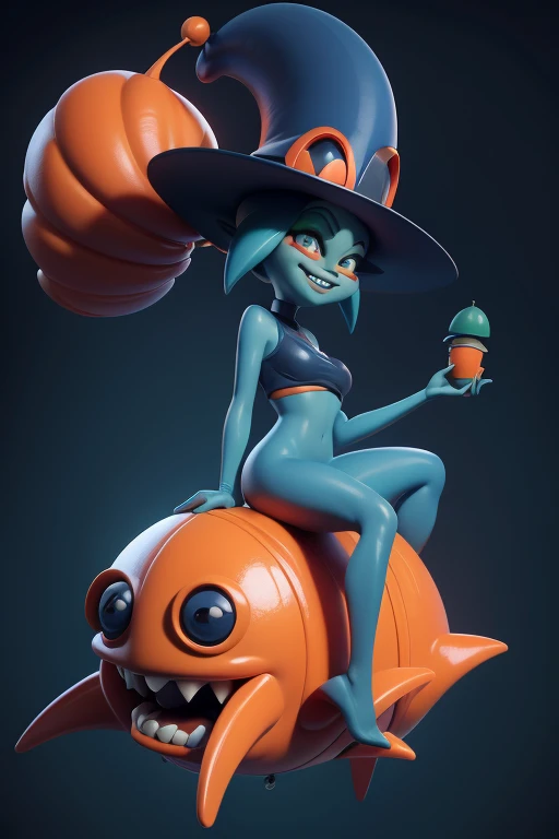 Funny navy blue sexy alien, Wearing an orange snail hat on his head, Green Hair, exaggerated laughter, Flies ride on a weird retro-designed contraption. Cartoon Style. 3D Rendering. Surrealism, Movie, close up, Composition is in the center, Pure black-blue-red background, best quality, 4K, Detailed face