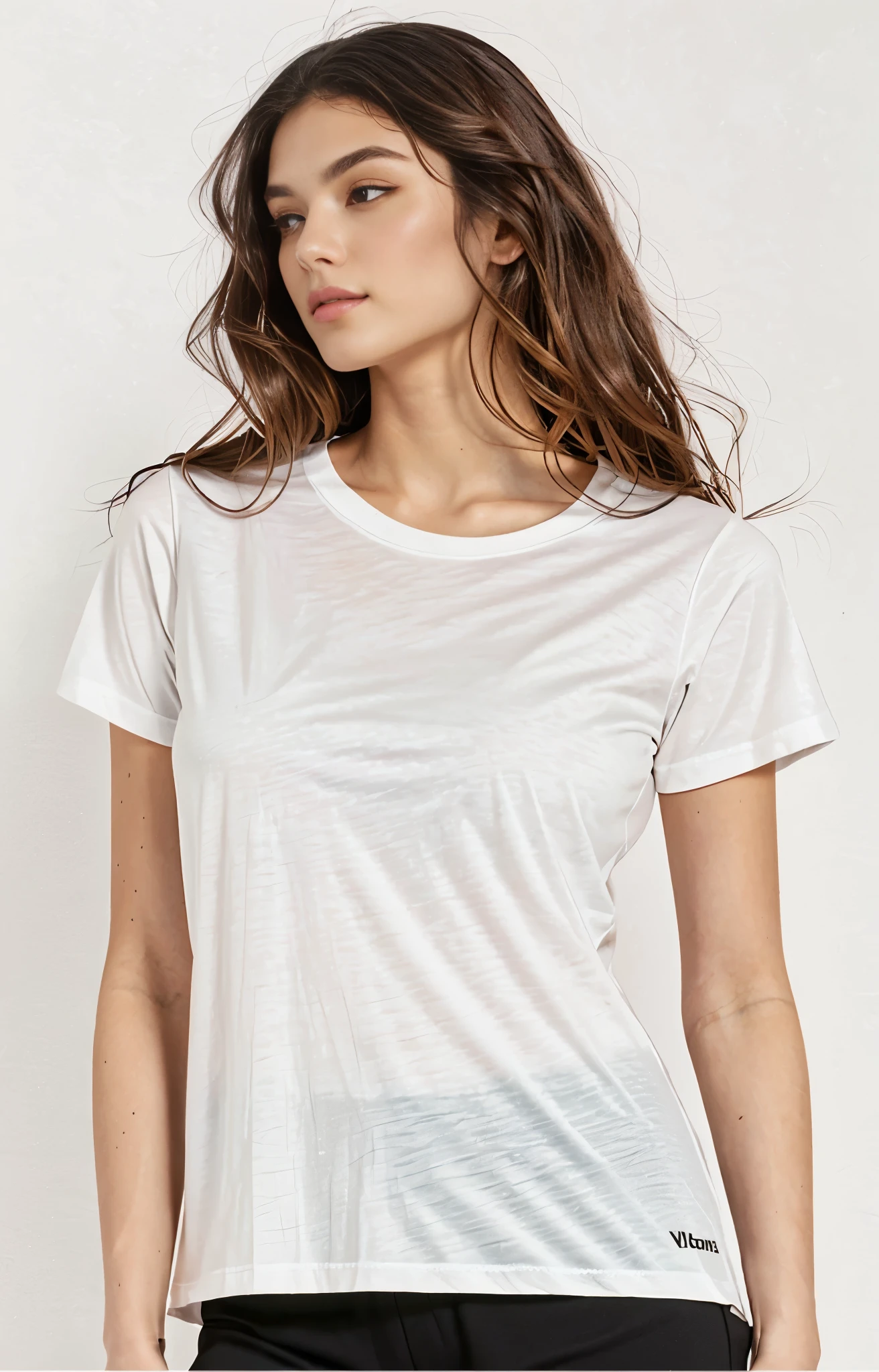 a woman wearing a white shirt and black pants, Manga curta, camiseta branca, estampado em uma camiseta de linho creme, plain camiseta branca, camiseta branca, camiseta branca, Minimal clothing, Victoria Siemer, wear's Bege shirt, centre image, Bege, vestindo uma camiseta, imagem detalhada do produto, velvia