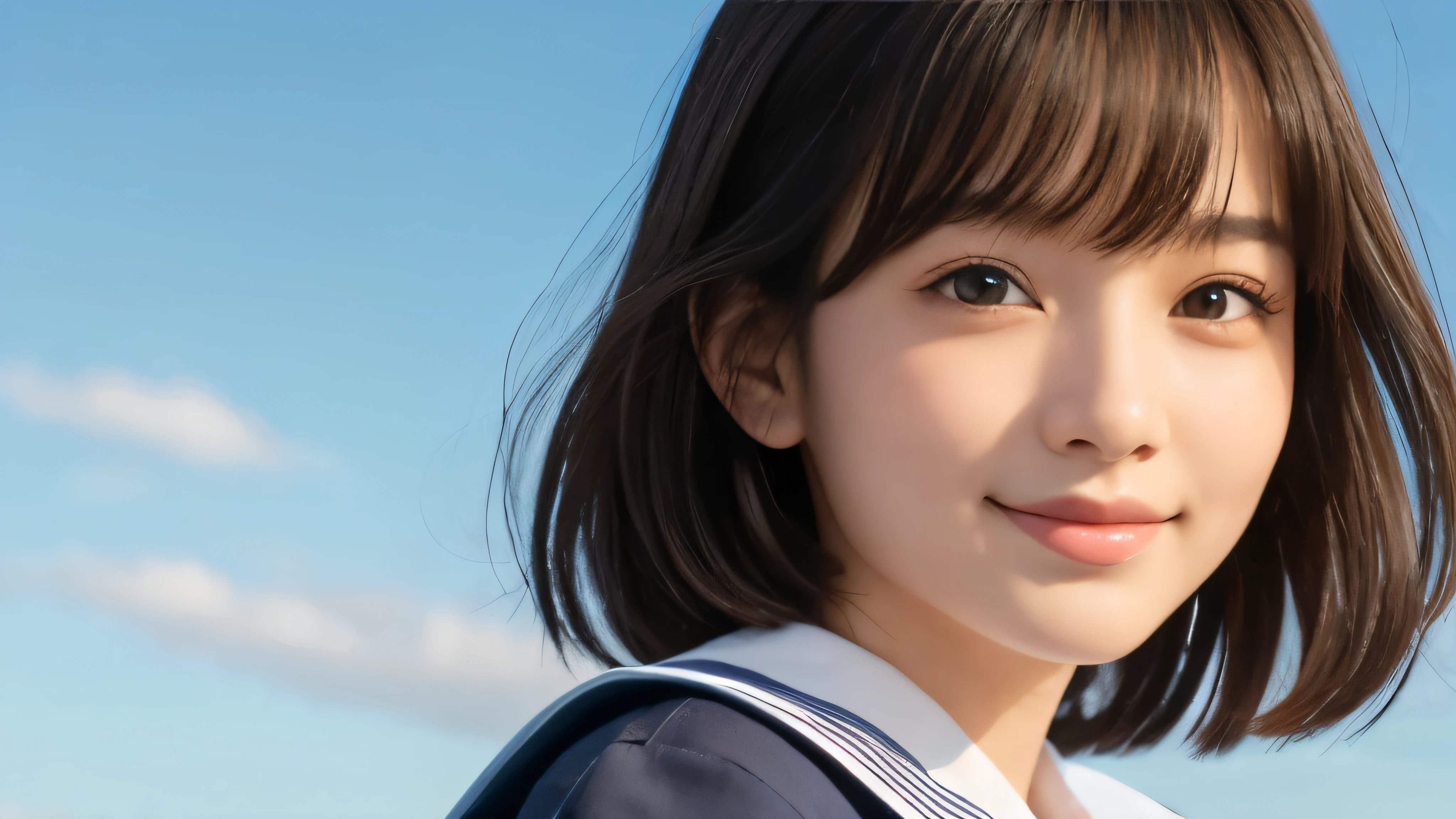 (Realistic: 1.4), (highest quality: 1.4), (Fine grain), Full body shot, ((Under the blue sky)), ((Looking Up)), ((One high school girl)), Black wavy hair, ((Sailor suit)), Wide eyes, Blushed face, ((smile)), Highly detailed face and skin texture, Healthy Skin, 8k resolution
