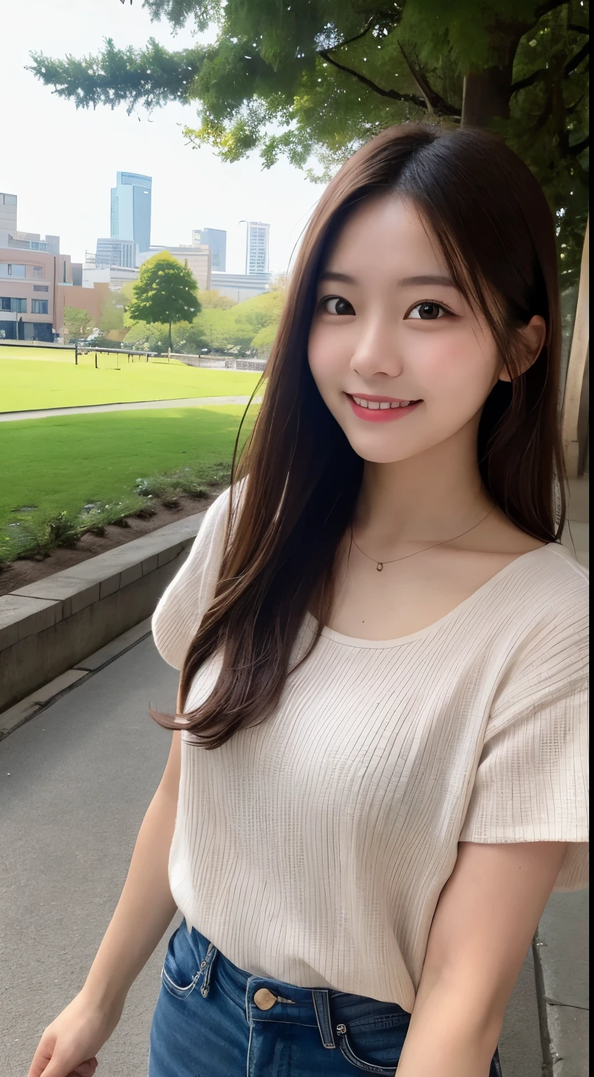 Top quality, 1 beautiful Japanese woman, long brown hair, casual clothes, smiling, selfie, natural light, at park