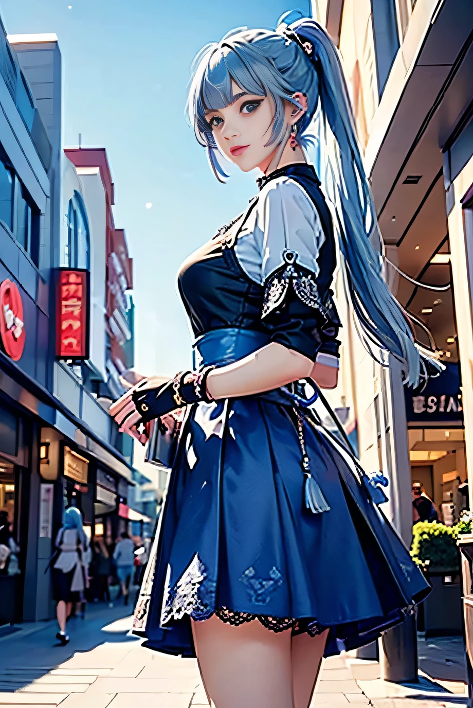 ((Kamisato Ayaka in Genshin Impact)),
(low angle,from below),((masterpiece, highest resolution,best quality)), (beautiful illustration), ((semi long beautiful silver blue hair,blunt bangs,pony tail,beautiful blue eyes)),(solo),(beautiful elegant office blouse and black skirt),(looking at the viewer), (walking around the shopping mall),
innocent smile,(white over-kneehighs,Lace chalker, wristband, fingerless gloves, over-kneehighs,
Lace chalker, diamond necklace,wristband, fingerless gloves, earrings), (cinematic lighting and pause),shopping mall,big city,busy street,day,blue sky,flowers and trees,crowded,