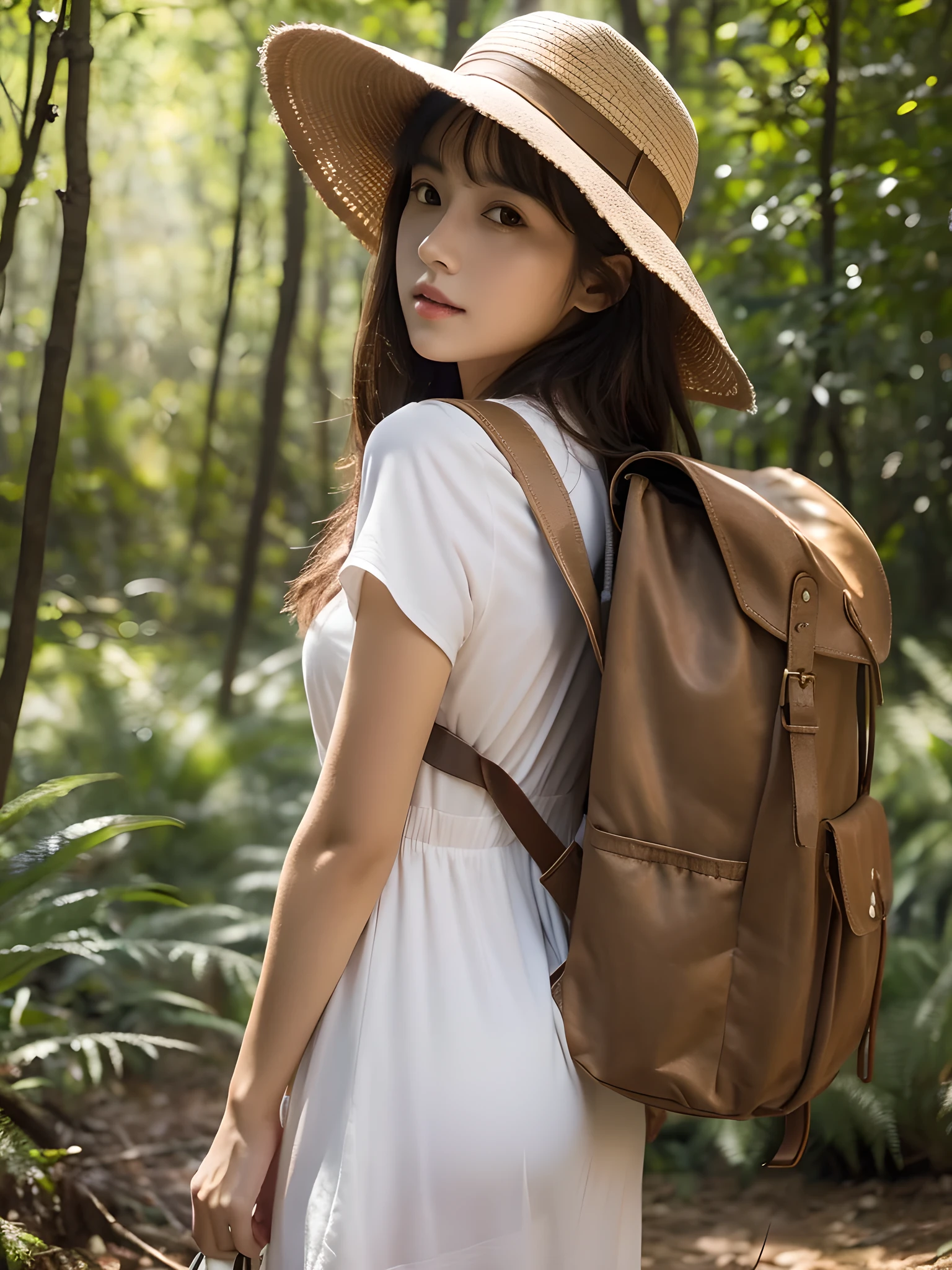 best qualtiy, masterpiece, (realistic:1.6), raw photograph, 1girl, portrait, deep shading, low tune, soft light, looking to the camera, Sexy look, long brown all back hair, safari hat, back pack,
day outdoor, forest background, deers, lake,