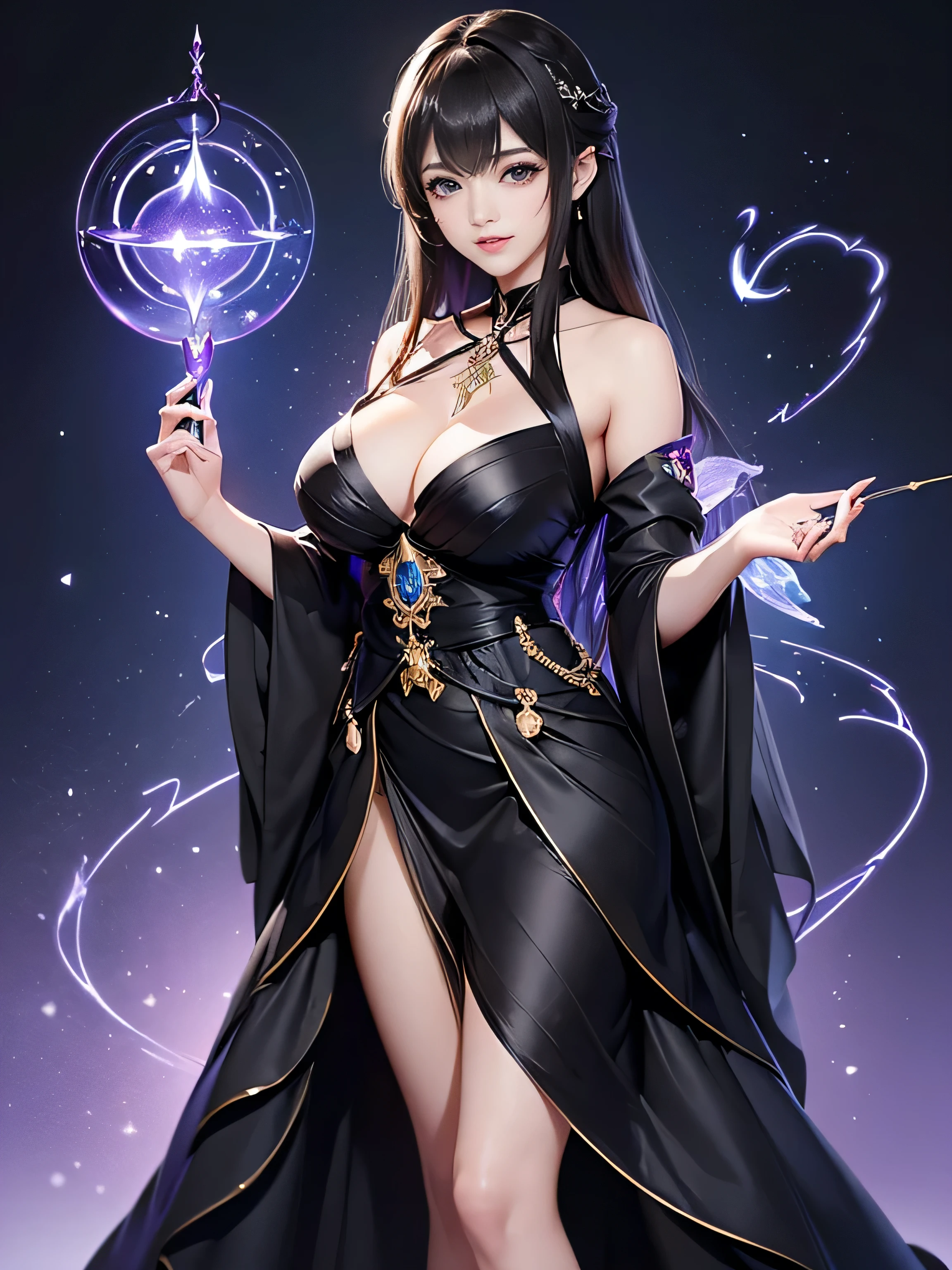 (she is 24 years old、The sexiest and most beautiful fantasy girl in Japan:1.3)　(This is a fantasy world cave:1.5)　(she has a big magic wand、Standing and casting a spell:2.2)　((Full Shot:1.3))　((highest quality)), ((masterpiece)), (Get used to it), Perfect ???? face　(1 female)　　(Her highest quality shiny light brown, extraordinarily long hair is very lustrous, thick and voluminous.、And flat and extremely straight、And her abnormally long hair is in disarray.、And she has an insane amount of hair that reaches down to her waist.)　((her bangs are neatly trimmed, Full van:1.2))　(She has perfect ???? make-up and natural red lipstick、The eyeliner is a beautiful black)　(The eyebrows are dark brown in color)　(She has the typical Japanese skin color and body type.)　(?????????????)　(Beautiful Eyeouth Details、Beautiful teeth、Cool look)　(she is wearing a black evening dress, Wearing an organza gown, Frock, Wearing a black dress, Formal attire, Cute Black Dress, Full body black dress, Black Gown, Wearing a black dress, Tube top dress, Wearing a cocktail dress, Romantic Dress, ruched bodice　she'She's wearing a gorgeous all-black Victorian dress.....)　(The Perfect Circlet)　(she has a bright look:1.2)　((Rich 1.4))　(Extremely detailed 8K)　(Stable Diffusion Model)　(Ultra-fine skin texture 1.4)　(Actual, Vibrant:1.4), double eyelid　Sharp focus:1.2、Beautiful woman:1.4　Dynamic Lighting　(Genuine RAW photos taken by professional photographers)　(A determined expression with the whole body facing the viewer)　Professionally lit from the front　(She has light brown hair that reaches down to her waist.)　(She has light brown hair that reaches down to her waist.)　(She has light brown hair that reaches down to her waist.)　