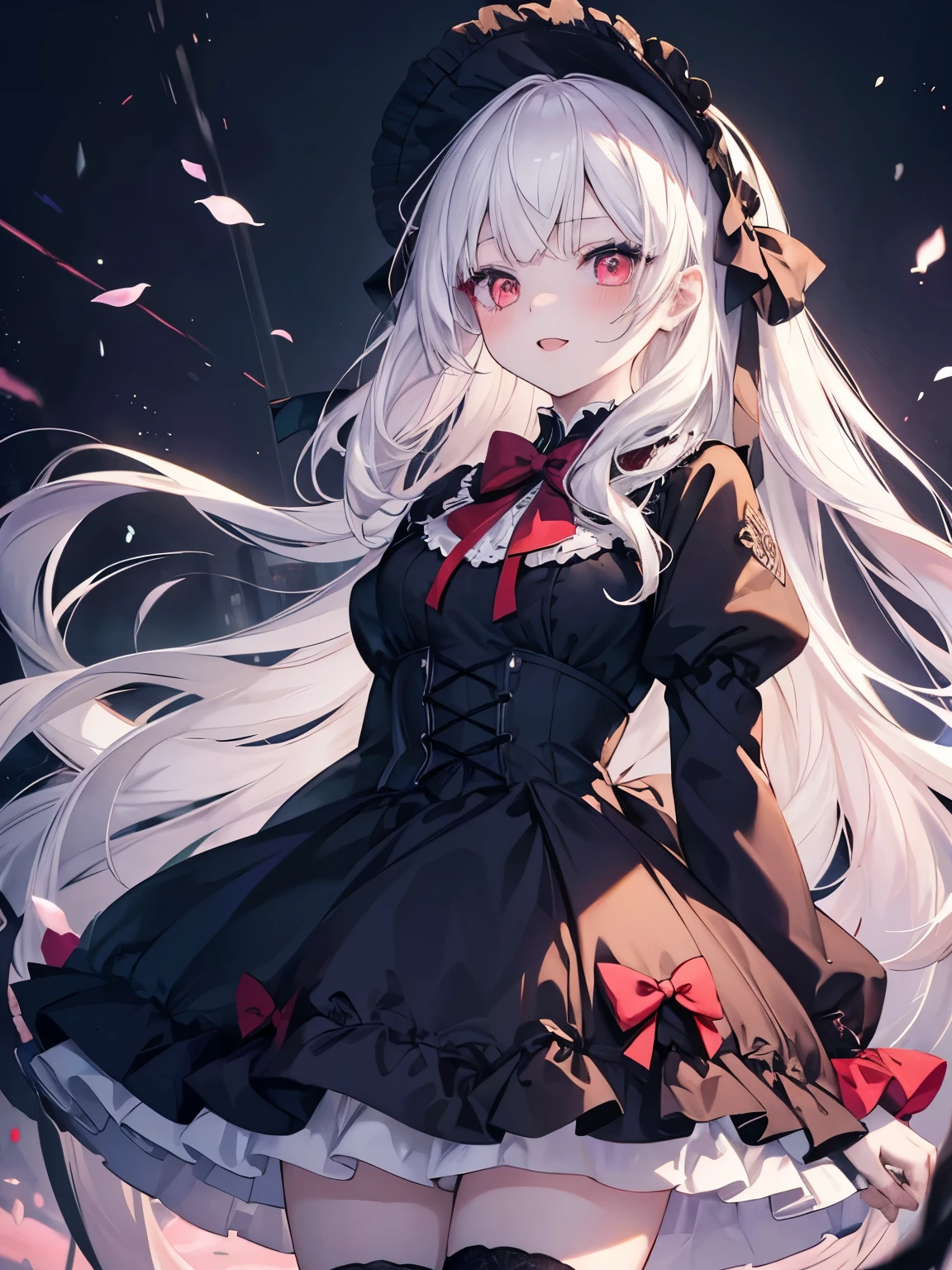 Masutepiece, Highest Quality, (Perfect face:1.1), (high detailing:1.1), (ultradetailed eyes),Dramatic,superfine illustration,Extremely detailed,1girl in,teenager,(pale skin),long white hair,Ethereal eyes,red eyes,blush,Solo,Smile,Happy,Laugh,Enjoy, Open mouth,Pouty lips,Cinematic lighting, Looking at Viewer, Cowboy Shot, looking up,Gothic lolita, frilld,bow ribbon,knee high socks