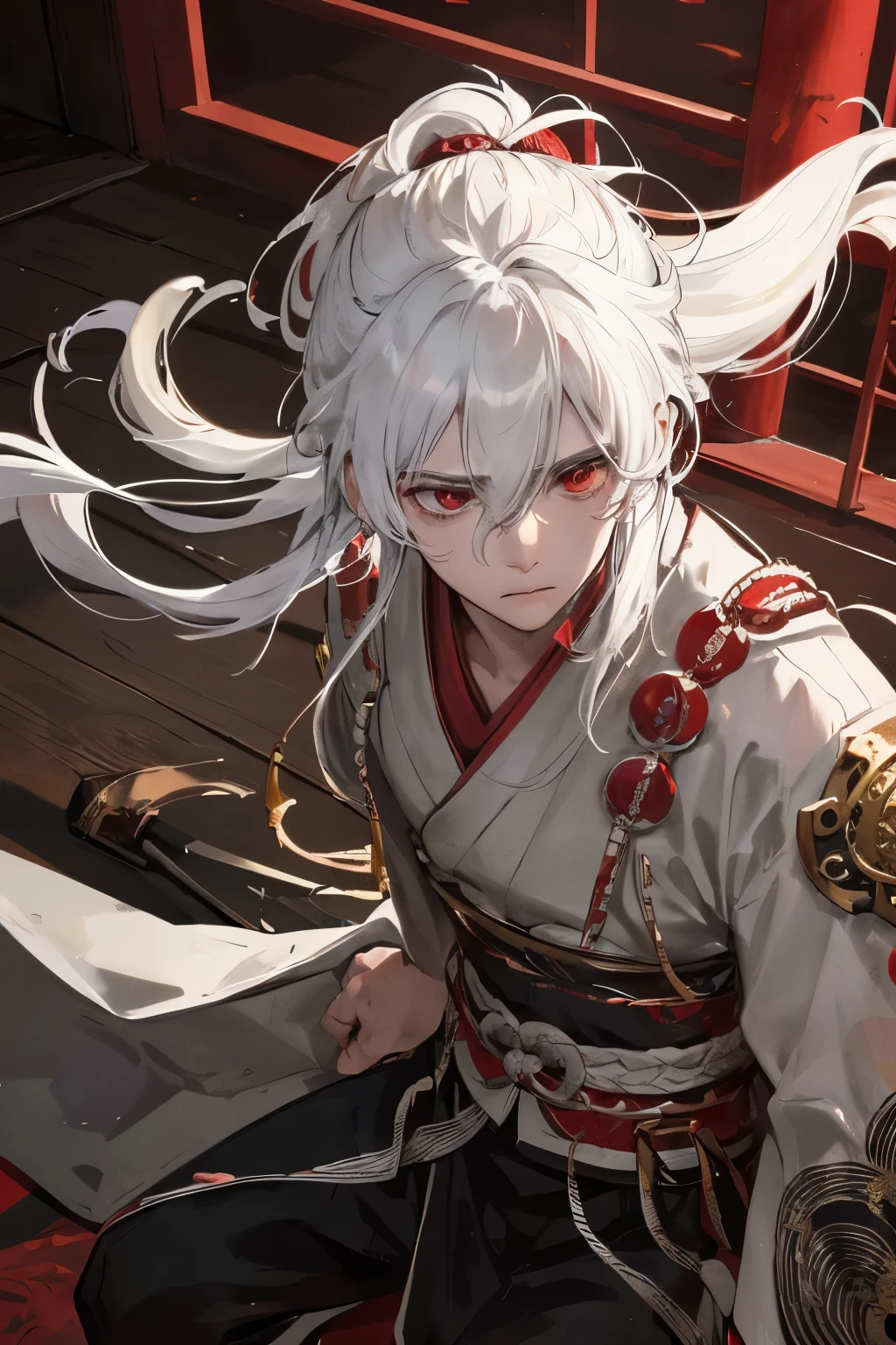 In the quiet stillness of an old Japanese temple, a lone samurai with white hair and a red eye sits in deep meditation. His attire, once grand and ornate, is now faded and worn, a testament to the passing of time. His gaze, intense and focused, is trained on an unseen horizon, his mind lost in the depths of reflection. The rough texture of his white hair contrasts sharply with the smooth, polished surface of the temple's wooden floor. A solitary tear trails down his rugged cheek, adding a poignant touch of humanity to his formidable appearance. The red hue of his eye, once a symbol of fierce battles and untold victories,