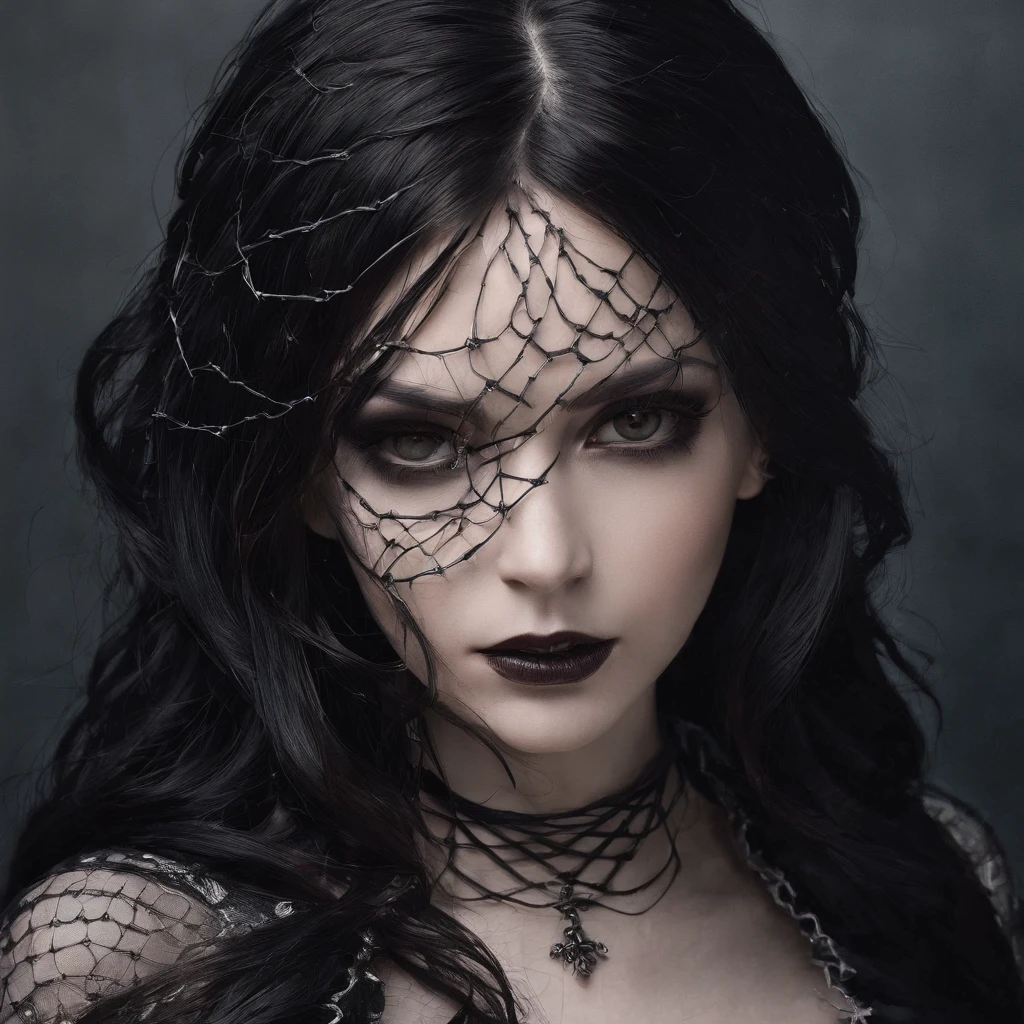 (highest quality,High resolution,Very detailed),Dressed in iconic gothic clothing、Dark and mysterious girl,Barbed wire covering her body,Dark brown long hair,Grey hair tip,Portraiture,Sharp focus,Professional,Bokeh,Dramatic lighting,A dark and muted color palette