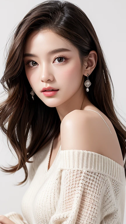White background、Professional Lighting、Translucent skin texture、Beautiful Skin、Off-the-shoulder sweater、