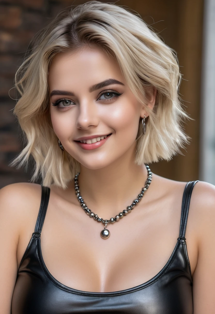 hyperrealistic beautiful busty 18-year-old women in shiny sleeveless top and leather leggins, model shooting full body photography, dyed platin-blonde short messy bob, dark eye makeup with eyeliner, seductive smile, small necklace and earrings, 8K, best quality, Meisterwerk, ultra high resolution, (Realismus: 1.4), Originalfoto, (realistische Hautstruktur: 1.3), (Filmkorn: 1.3), (Selfie-Winkel), 1 girl, Beautiful round eyes and facial details, Meisterwerk, best quality
