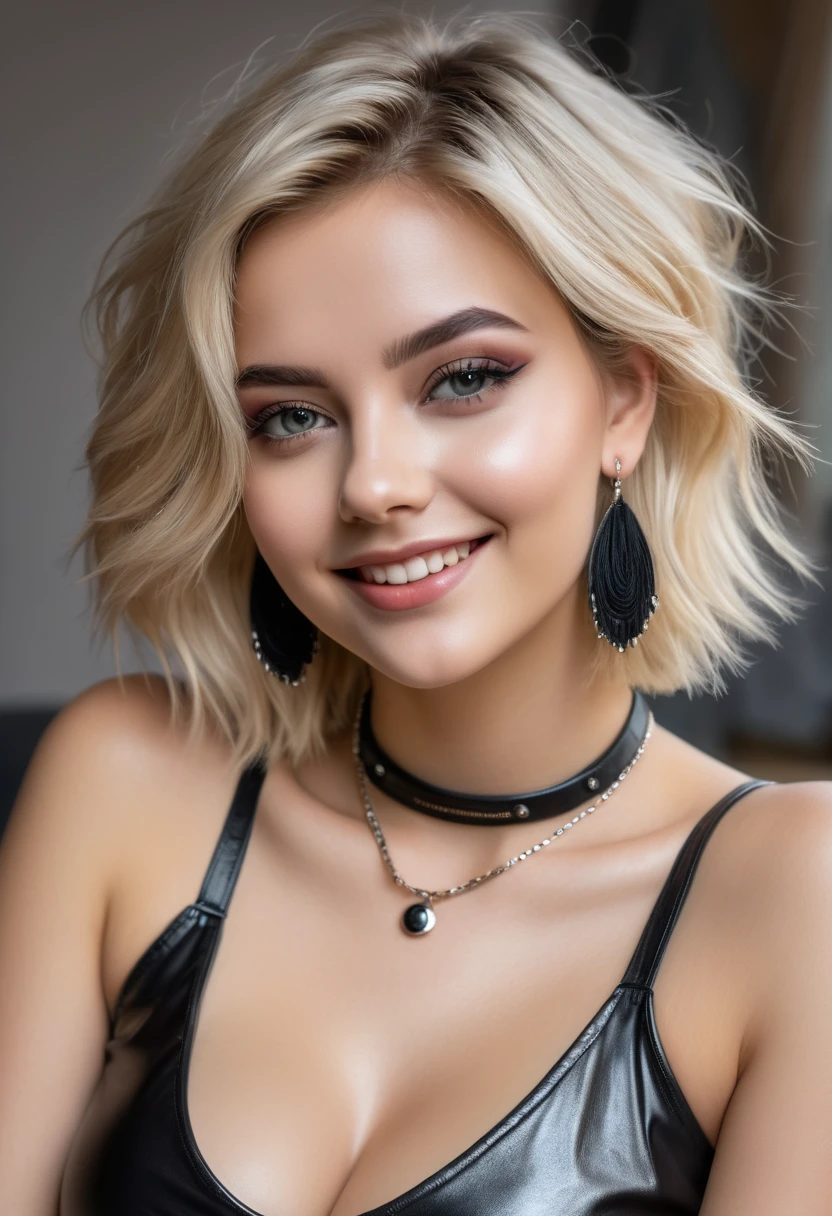 hyperrealistic beautiful busty 18-year-old women in shiny sleeveless top and leather leggins, model shooting full body photography, dyed platin-blonde short messy bob, dark eye makeup with eyeliner, seductive smile, small necklace and earrings, 8K, best quality, Meisterwerk, ultra high resolution, (Realismus: 1.4), Originalfoto, (realistische Hautstruktur: 1.3), (Filmkorn: 1.3), (Selfie-Winkel), 1 girl, Beautiful round eyes and facial details, Meisterwerk, best quality