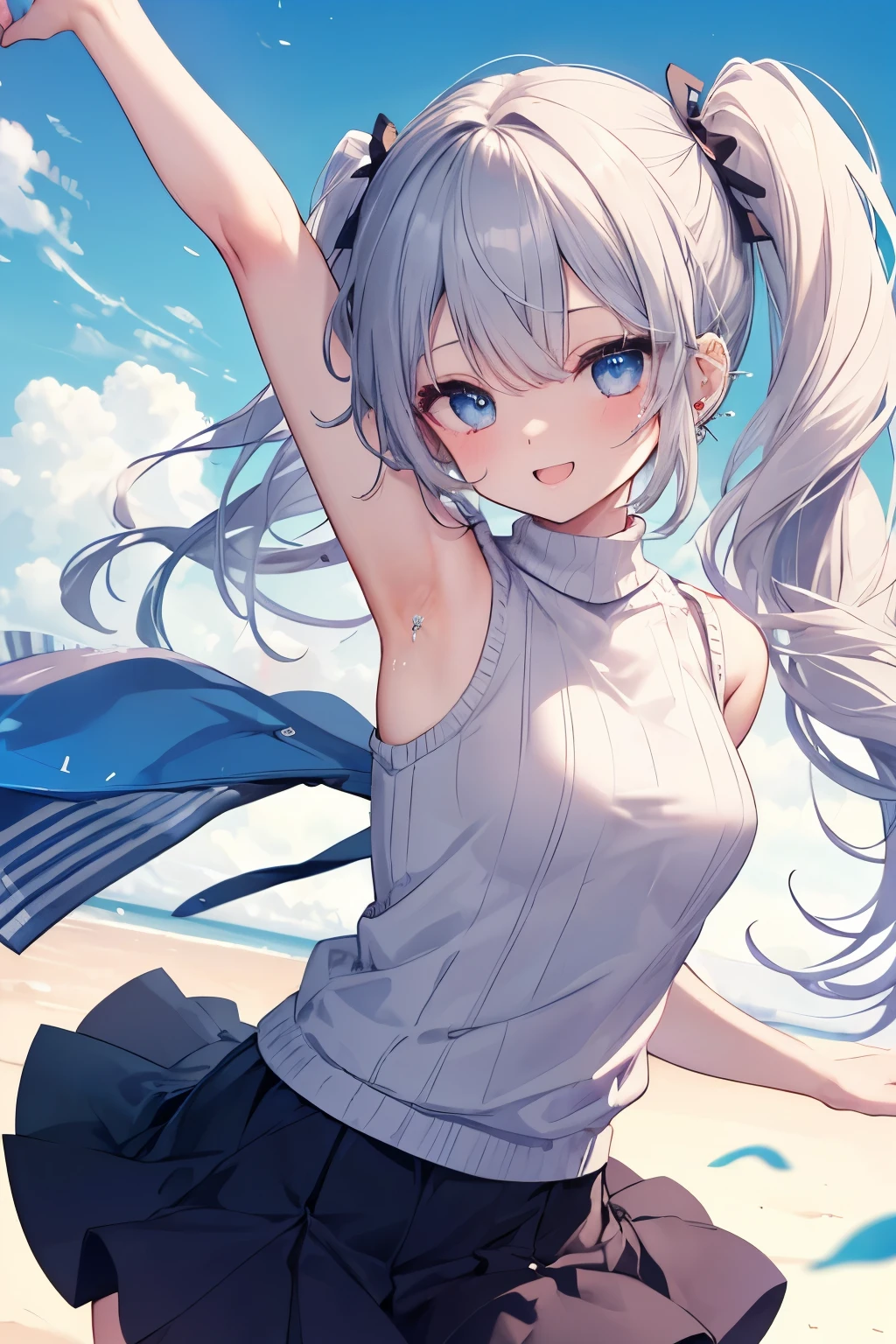 Silver-haired blue eyes、 girl、Twin tails、Laughter、Nico Nico Smile、Wink、 girl、Looks about 、Petan Musume、short、There are highlights in the eyes、Gal-like appearance、Wearing piercings、Knit sweater, sleeveless, body line, underarm、mini skirt、The wind is blowing and my panties are showing through my skirt、It was so hot that I sweated、blue sky、Light and cute、Show your armpits、Side view