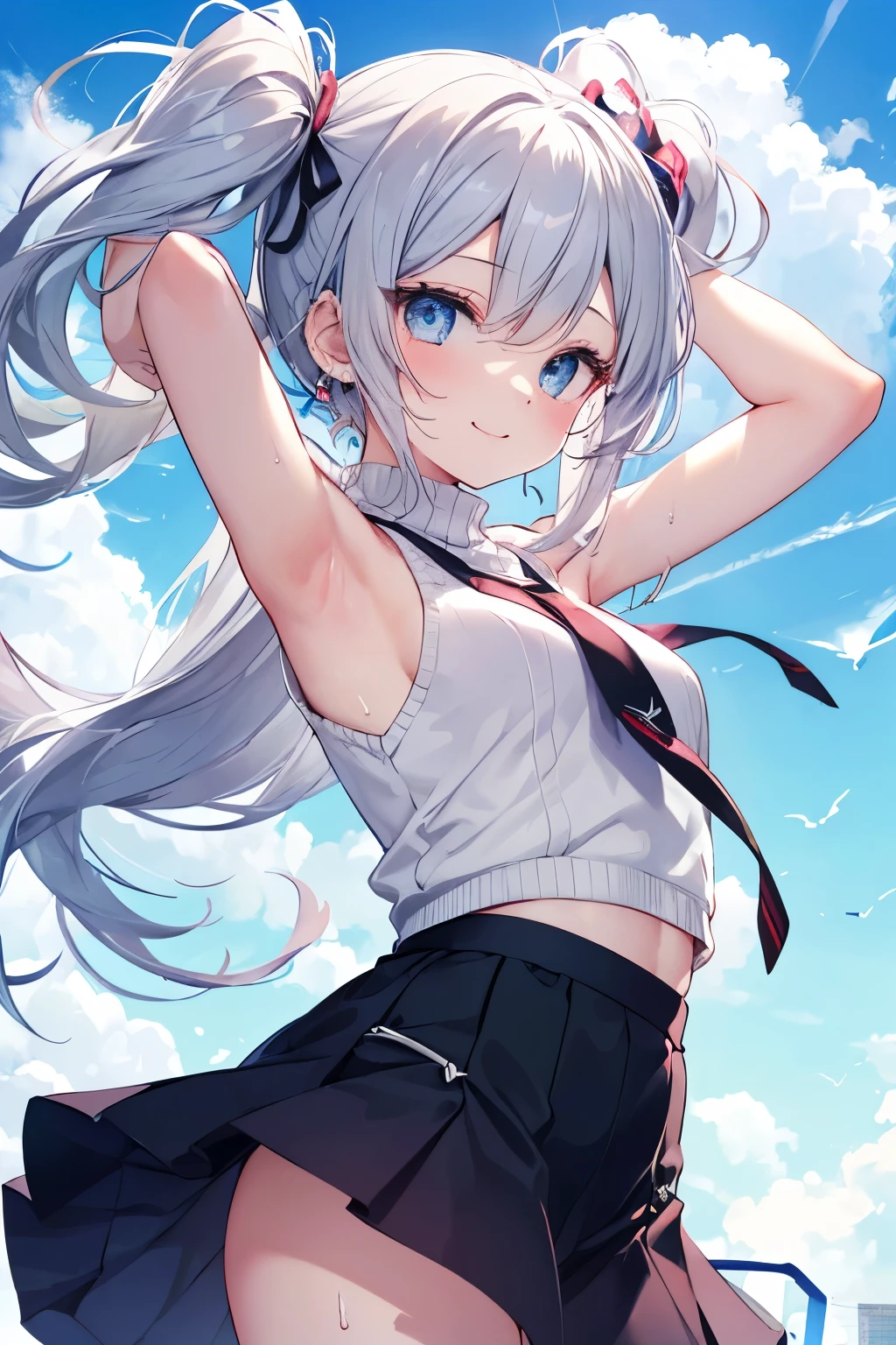 Silver-haired blue eyes、 girl、Twin tails、Laughter、Nico Nico Smile、Wink、 girl、Looks about 、Petan Musume、short、There are highlights in the eyes、Gal-like appearance、Wearing piercings、Knit sweater, sleeveless, body line, underarm、mini skirt、The wind is blowing and my panties are showing through my skirt、It was so hot that I sweated、blue sky、Light and cute、Show your armpits、Side view