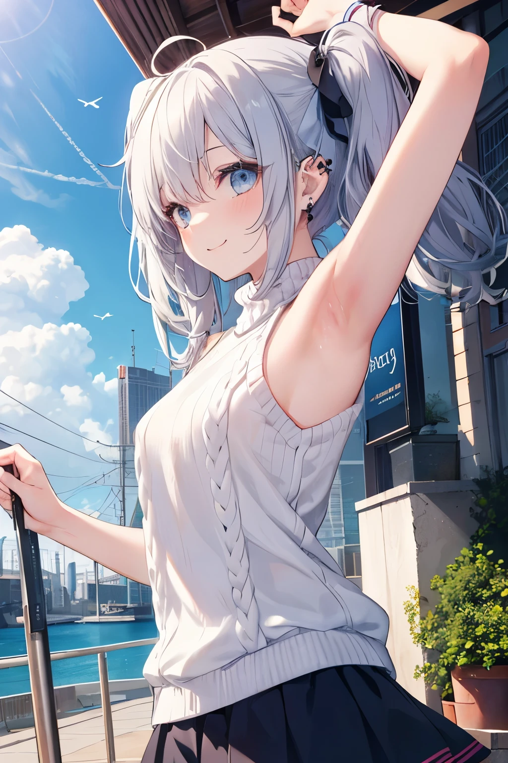 Silver-haired blue eyes、 girl、Twin tails、Laughter、Nico Nico Smile、Wink、 girl、Looks about 、Petan Musume、short、There are highlights in the eyes、Gal-like appearance、Wearing piercings、Knit sweater, sleeveless, body line, underarm、mini skirt、The wind is blowing and my panties are showing through my skirt、It was so hot that I sweated、blue sky、Light and cute、Show your armpits、Side view