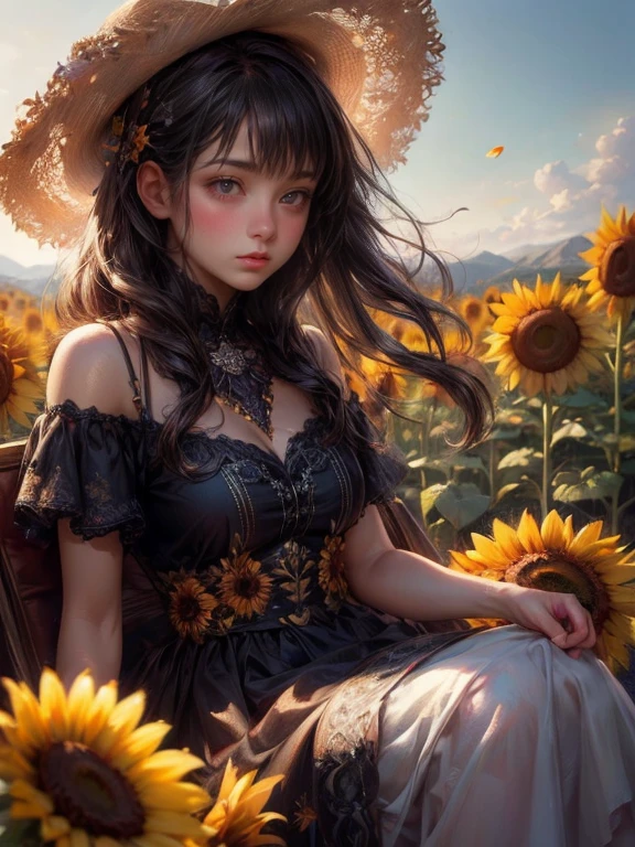 masterpiece:1.2, 8k, photorealistic:1.37, cute girl,  sparkling eyes, shining lips, beautiful detailed eyes, beautiful detailed lips, long eyelashes, flowing hair, joyful expression, vibrant dress, sitting on a grassy field, surrounded by colorful sunflowers:1.2, wearing a stylish hat, a warm and sunny day, soft natural lighting, vivid colors, medium: oil painting, ultra-detailed, realistic, bokeh, dynamic action,