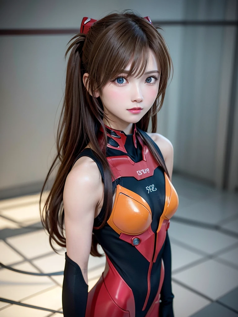 ((Best quality)), ((Masterpiece)), (Details: 1.4), 3D, Asuka Langley Soryu, Asuka, high resolution (high dynamic range), ray tracing, NVIDIA, super resolution, Unreal 5, subsurface scattering ,PBR texturing, post-processing, anisotropic filtering, depth of field, maximum sharpness and sharpness, multi-layered textures, albedo and specular maps, surface shading, accurate simulation of light and matter interaction, perfect proportions ,Octane Rendering,Two-Tone Lighting,Wide Aperture,Low ISO,White Balance,Rule of Thirds,8K RAW,(Masterpiece: 1.4, Best Quality), (Intricate Details), Unity8k Wallpaper, Highly Detailed, Beautiful and Mysterious, Details background, realistic, alone, perfectly detailed face, detailed blue eyes, highly detailed, blush, hair ornament, chignon mahogany hair, (blonde), plug suit 02, Shikinami Asuka Langley, Evangelion, Slender , full body suit, black background, above the waist,composition that shows the whole body,