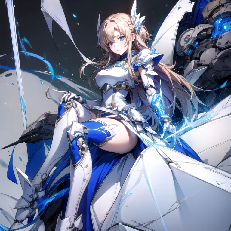 highest quality、unity 8k wallpaper、32k、masterpiece、Very detailed、Ultra-high resolution、Ultra-high resolution、Android Yuuki Asuna、Knights of the Blue Blood、Androidization、Robot Girl、Blue and white armor with dressy mechanical limbs、thigh、Big Breastecha musume、Machinery Parts、Super complexly expressedRobot Joints、Robot Joints、Robot Fingertips、Single Mechanical Arm、Mechanical Arm、headgear、headset、Detailed mechanical body、Mechanical corset covered with detailed armor.、Stiletto heels、Realistic and complex camera eye、A complex fusion of body and machine、Legs covered in white and blue armor、Robotic knee joint、Mechanically generated fingers、Eyes like a mechanical camera、Anatomically correct machine、The whole body is covered in machinery、Clad in blue and white armor、Beautiful posture、Princess Half-Up Hairstyle、(((Part of the thigh is flesh colored)))、