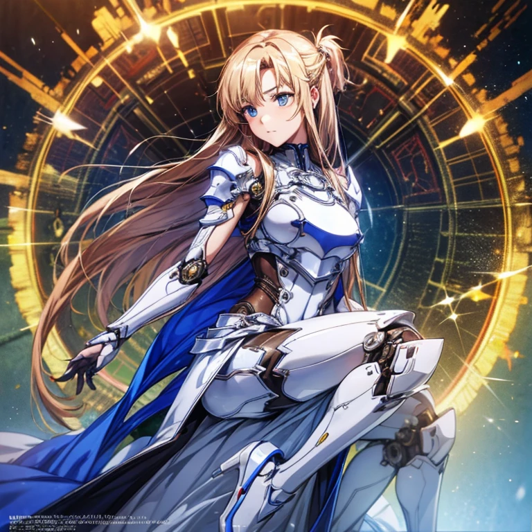highest quality、unity 8k wallpaper、32k、masterpiece、Very detailed、Ultra-high resolution、Ultra-high resolution、Android Yuuki Asuna、Knights of the Blue Blood、Androidization、Robot Girl、Blue and white armor with dressy mechanical limbs、thigh、Big Breastecha musume、Machinery Parts、Super complexly expressedRobot Joints、Robot Joints、Robot Fingertips、Single Mechanical Arm、Mechanical Arm、headgear、headset、Detailed mechanical body、Mechanical corset covered with detailed armor.、Stiletto heels、Realistic and complex camera eye、A complex fusion of body and machine、Legs covered in white and blue armor、Robotic knee joint、Mechanically generated fingers、Eyes like a mechanical camera、Anatomically correct machine、The whole body is covered in machinery、Clad in blue and white armor、Beautiful posture、Princess Half-Up Hairstyle、(((Part of the thigh is flesh colored)))、
