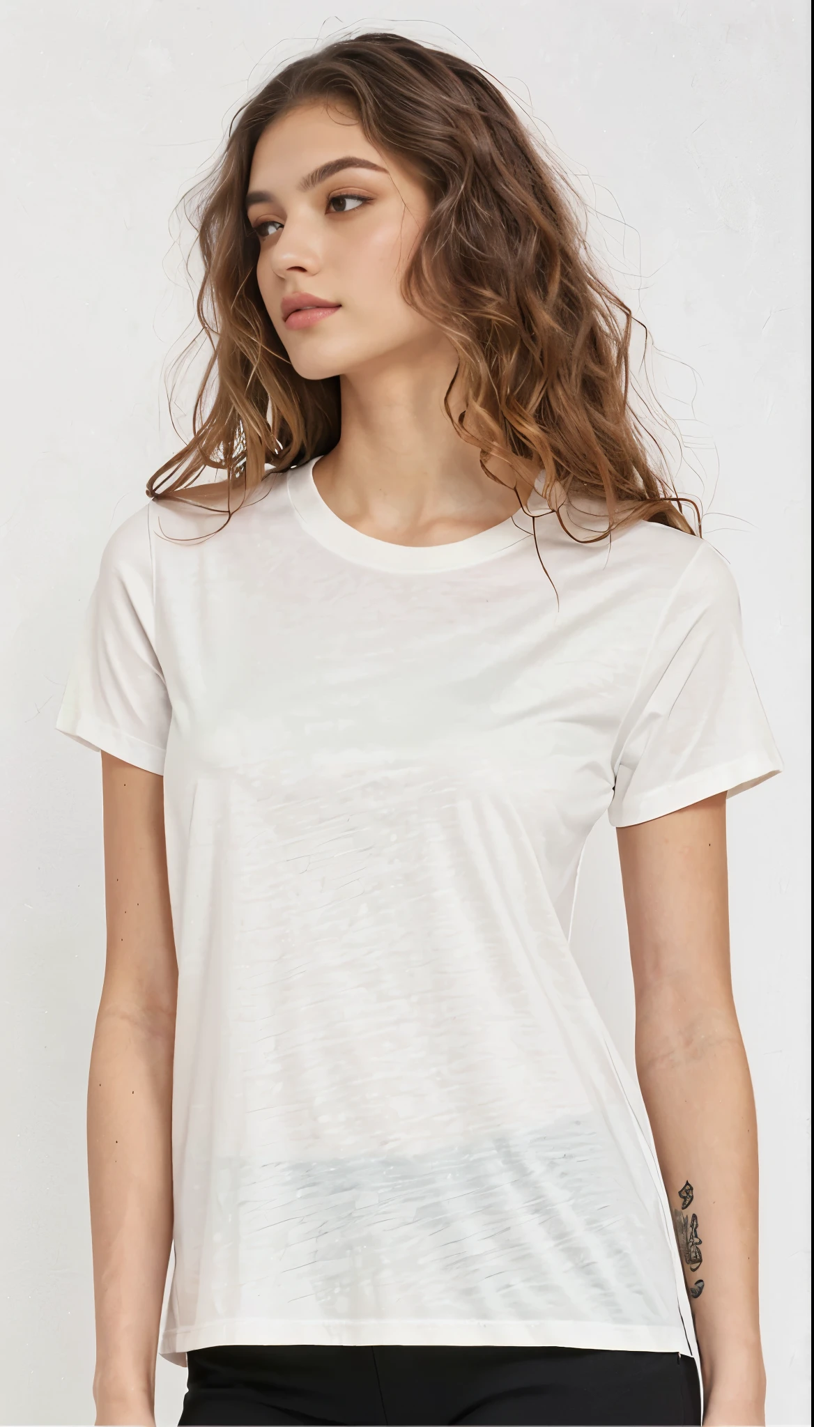 a woman wearing a white shirt and black pants, Manga curta, camiseta branca, estampado em uma camiseta de linho creme, plain camiseta branca, camiseta branca, camiseta branca, Minimal clothing, Victoria Siemer, wear's Bege shirt, centre image, Bege, vestindo uma camiseta, imagem detalhada do produto, velvia