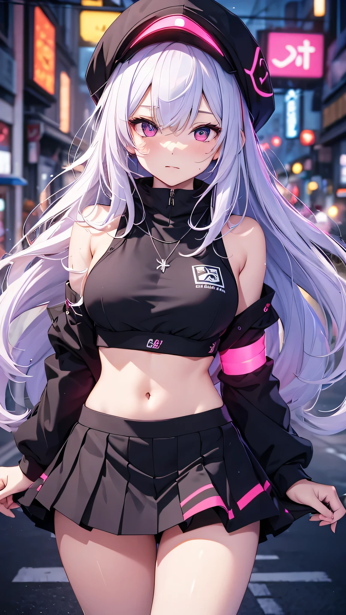 最high quality、Best image quality、masterpiece、girl((18-year-old、 By becoming、Best Bust、Medium Bust,Wide open breast tea、Red glowing eyes,Silver Hair、Disheveled Hair、Long Hair、thin,The highest valley、Open chest、Luminous Wristbands、hat、hair ornaments、luminous necklace、Black sleeveless hoodie(1:2)、Blue short skirt、Angle from directly above、Disheveled clothing、Show the whole body,Low - Angle、Hacker-like、sweating、lure、Black cute mask、Leaning against a wall)),high quality、Beautiful art、background((Neon Town、Neon Light、Neon interior at night))、Flight、Flying debris、Written boundary depth、movie、Visual Arts、Perfect art、8K,Genuine、