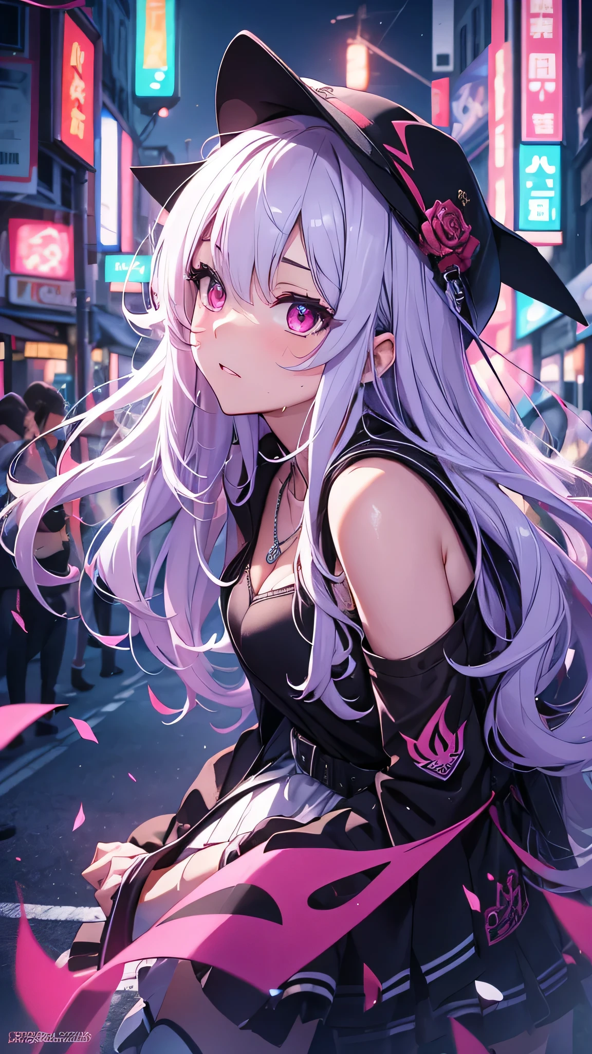 最high quality、Best image quality、masterpiece、girl((18-year-old、 By becoming、Best Bust、Medium Bust,Wide open breast tea、Red glowing eyes,Silver Hair、Disheveled Hair、Long Hair、thin,The highest valley、Open chest、Luminous Wristbands、hat、hair ornaments、luminous necklace、Black sleeveless hoodie(1:2)、Blue short skirt、Angle from directly above、Disheveled clothing、Show the whole body,Low - Angle、Hacker-like、sweating、lure、Black cute mask、Leaning against a wall)),high quality、Beautiful art、background((Neon Town、Neon Light、Neon interior at night))、Flight、Flying debris、Written boundary depth、movie、Visual Arts、Perfect art、8K,Genuine、