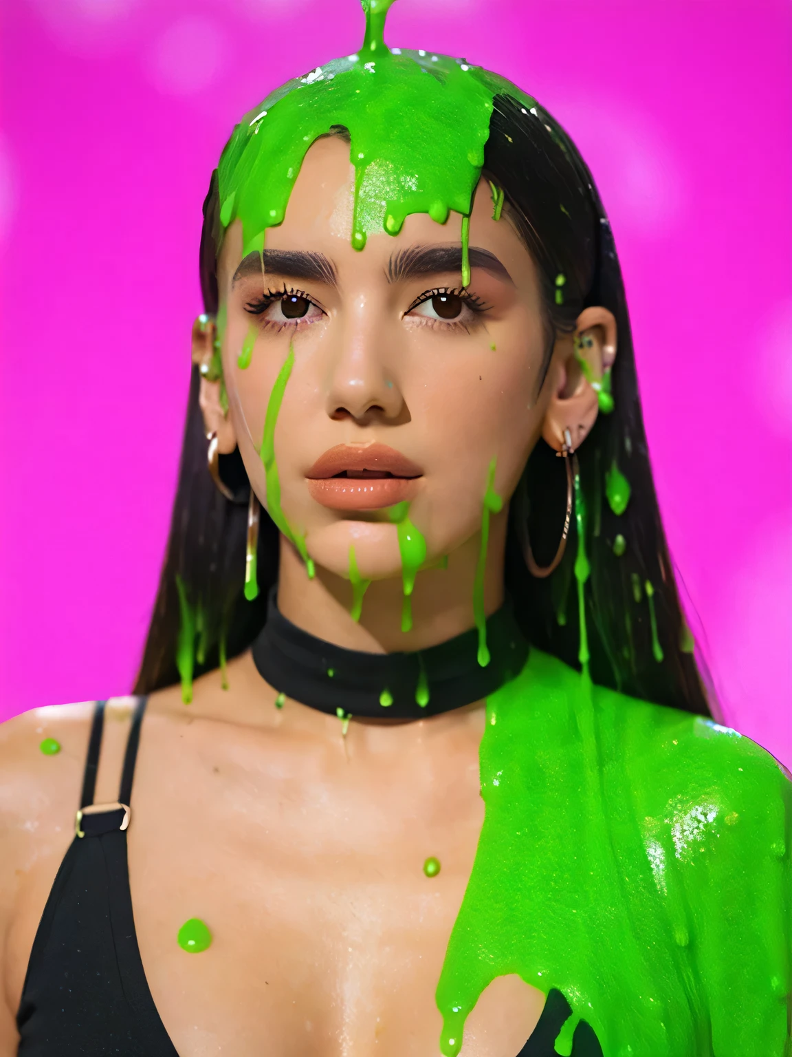 (raw photo:1.2), (photorealistic:1.4), huge file size, super detailed, high resolution, very detailed, best quality, masterpiece, very detailed, 8k wallpaper, amazing, Fine details, masterpiece, best quality, (Dua_Lipa: 1.3), covered in slime, wet slime dripping, extreme realism, inside game show studio, beautiful face, delicate eyes, long eyelashes, winged eyeliner, black tank top, cleavage, slime, slime dripping, (slime on face, slime on hair, slime on head: 1.1), (Dua Lipa: 1.1), dripping green goo, goo on face, goo on hair